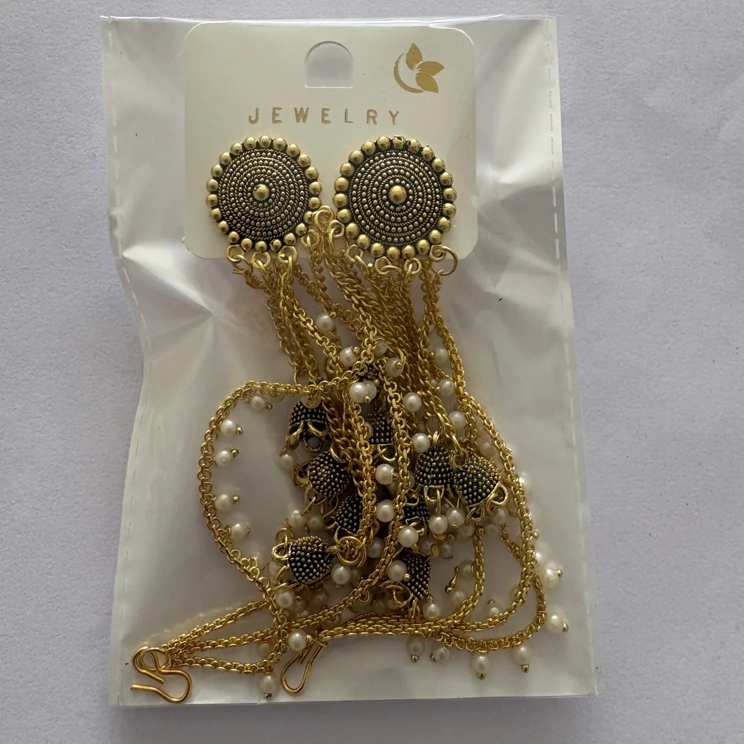Gold Jhumka Earrings with Pearl Drops - Elegant Layered Chain Design - Image 5
