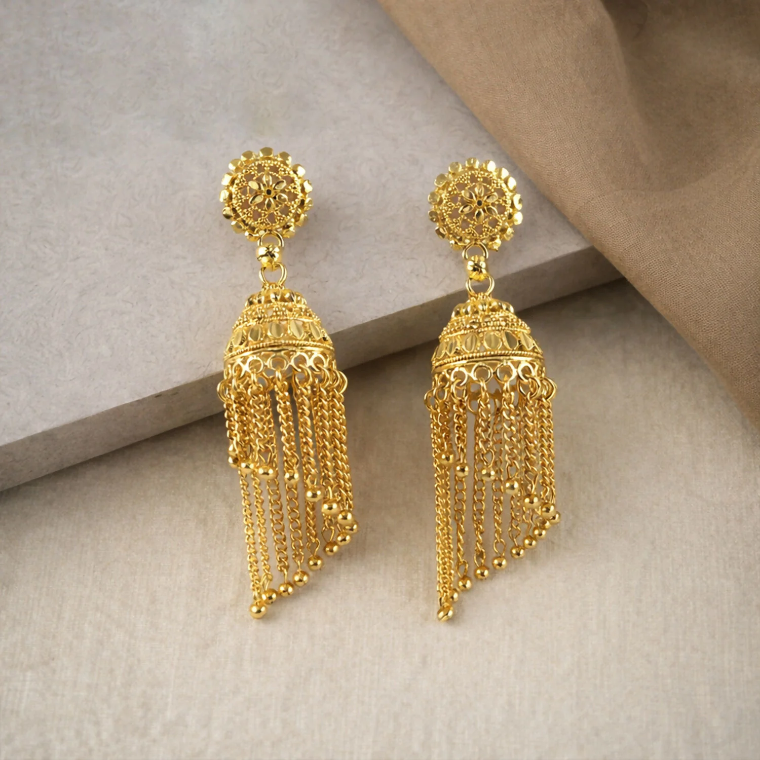 Gold Tone Long Tassel Jhumka Earrings – Elegant Ethnic Jewelry