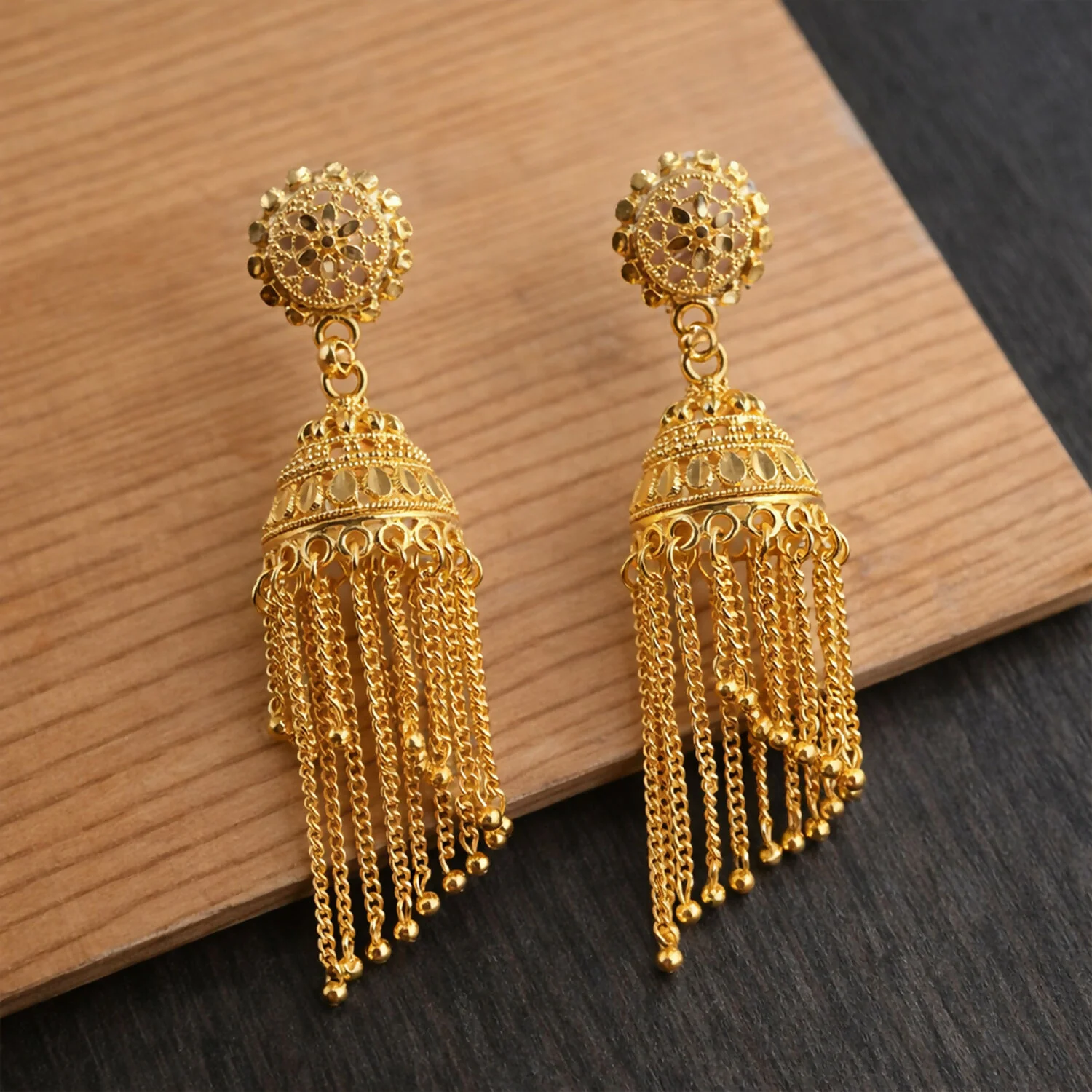 Gold Tone Long Tassel Jhumka Earrings – Elegant Ethnic Jewelry - Image 2