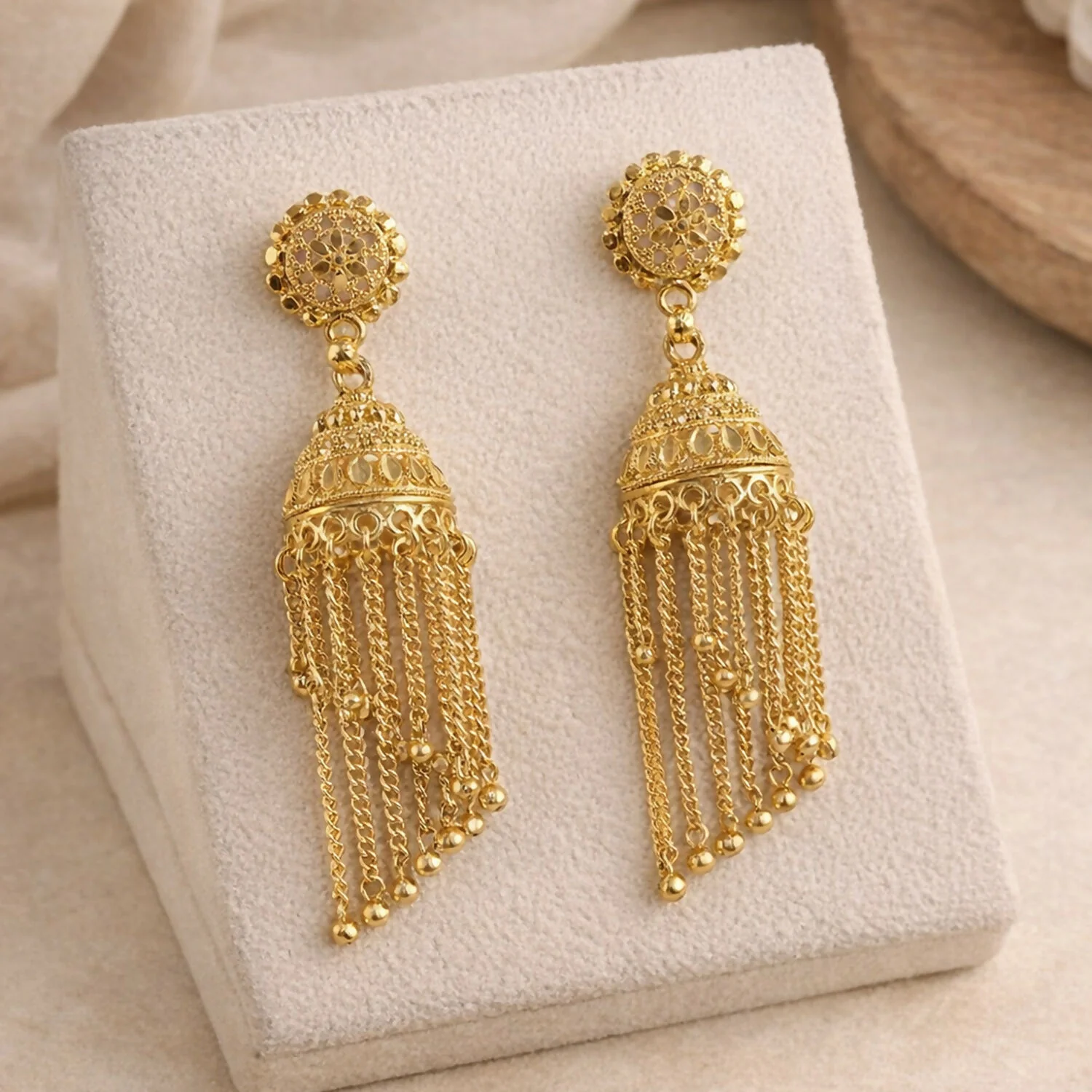 Gold Tone Long Tassel Jhumka Earrings – Elegant Ethnic Jewelry - Image 3