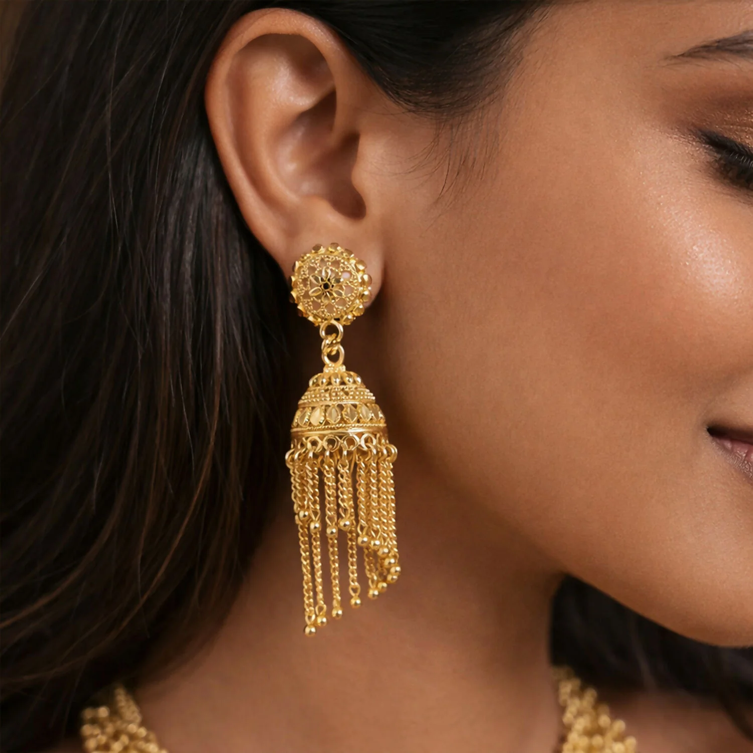 Gold Tone Long Tassel Jhumka Earrings – Elegant Ethnic Jewelry - Image 4