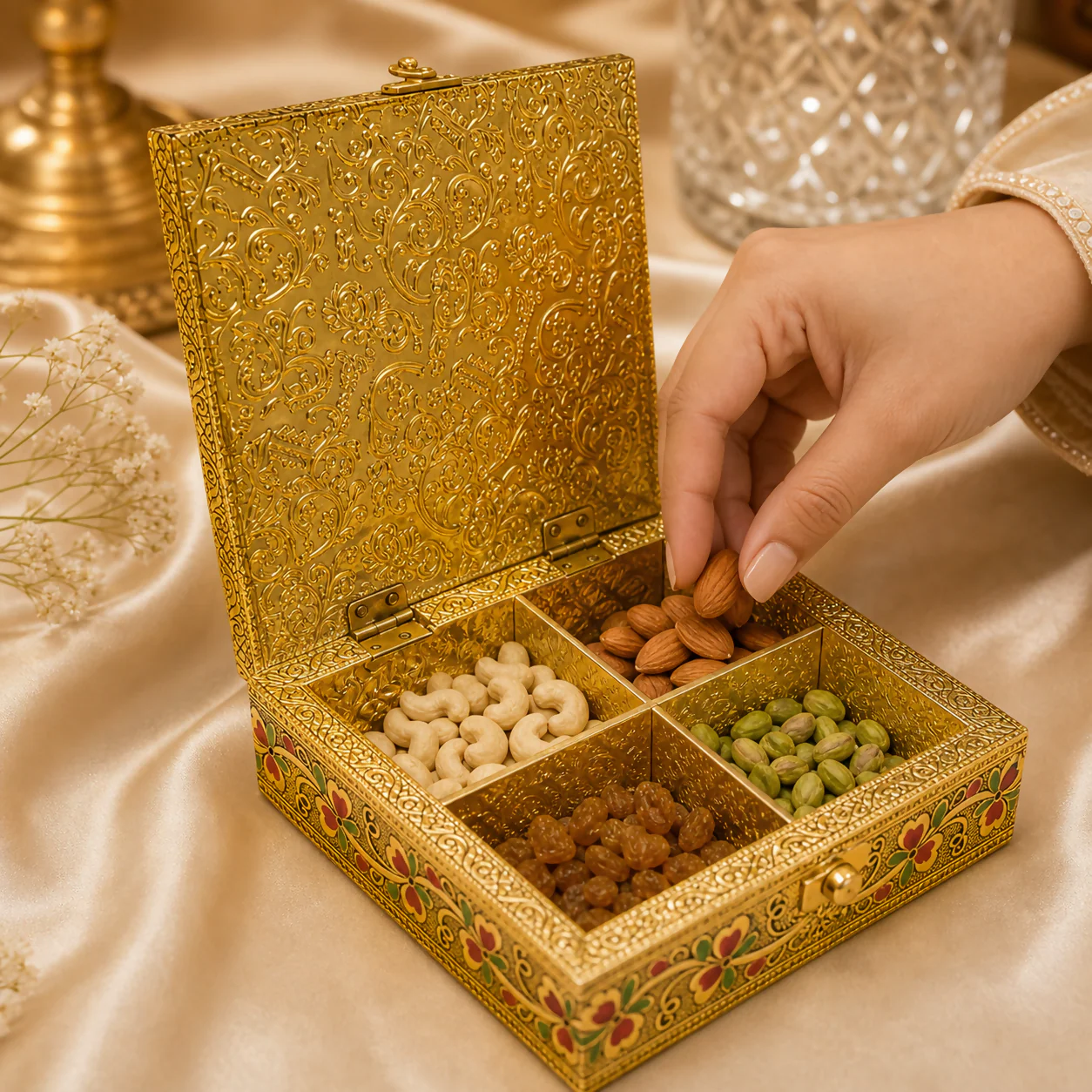 Traditional Gold Tone Peacock Design With Storage Compartments - Image 2