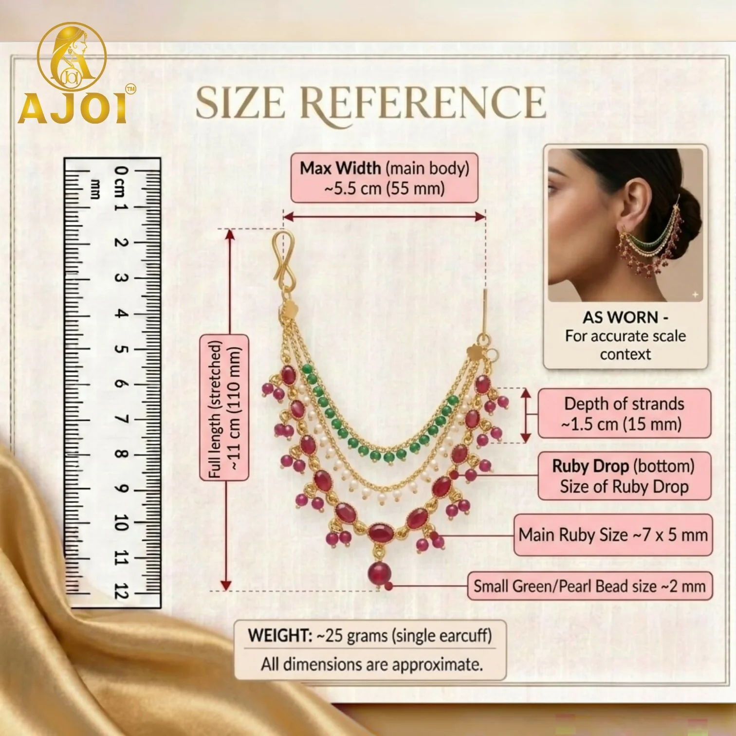 Jewellery – Traditional Indian Multi-Layer Chain Earrings with Ruby & Pearls - Image 5