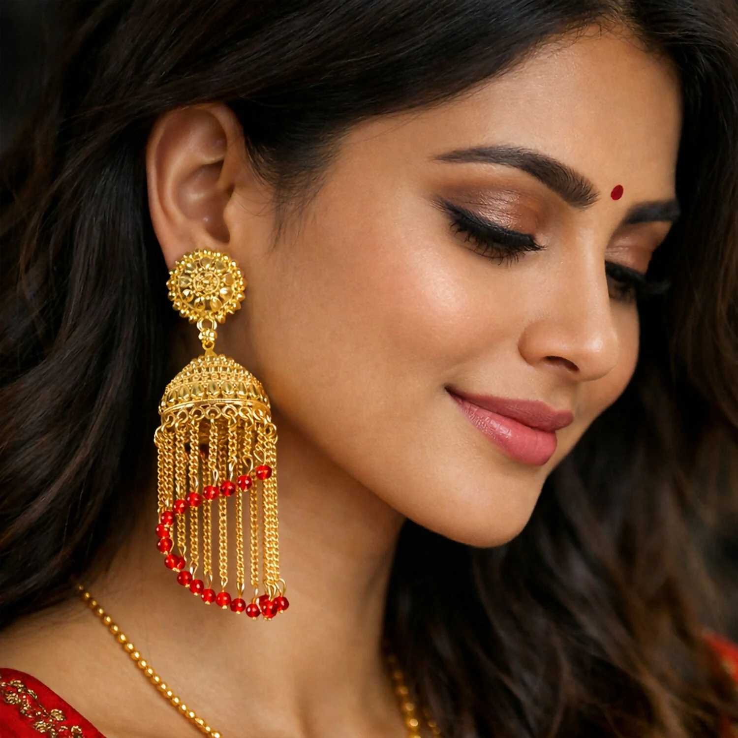 Traditional Jhumka Earrings – Elegant Ethnic Gold-Tone Design - Image 3