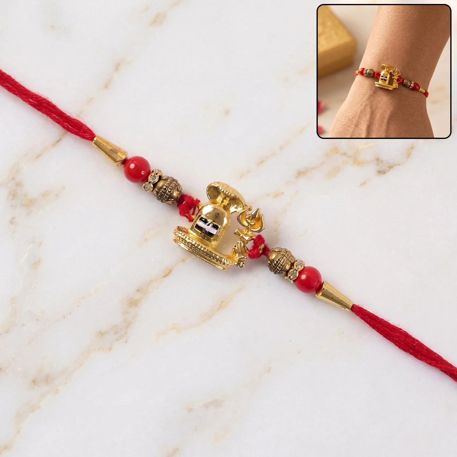 Shivling Rakhi – Traditional Antique Golden with Red Beads for Brother - Image 6