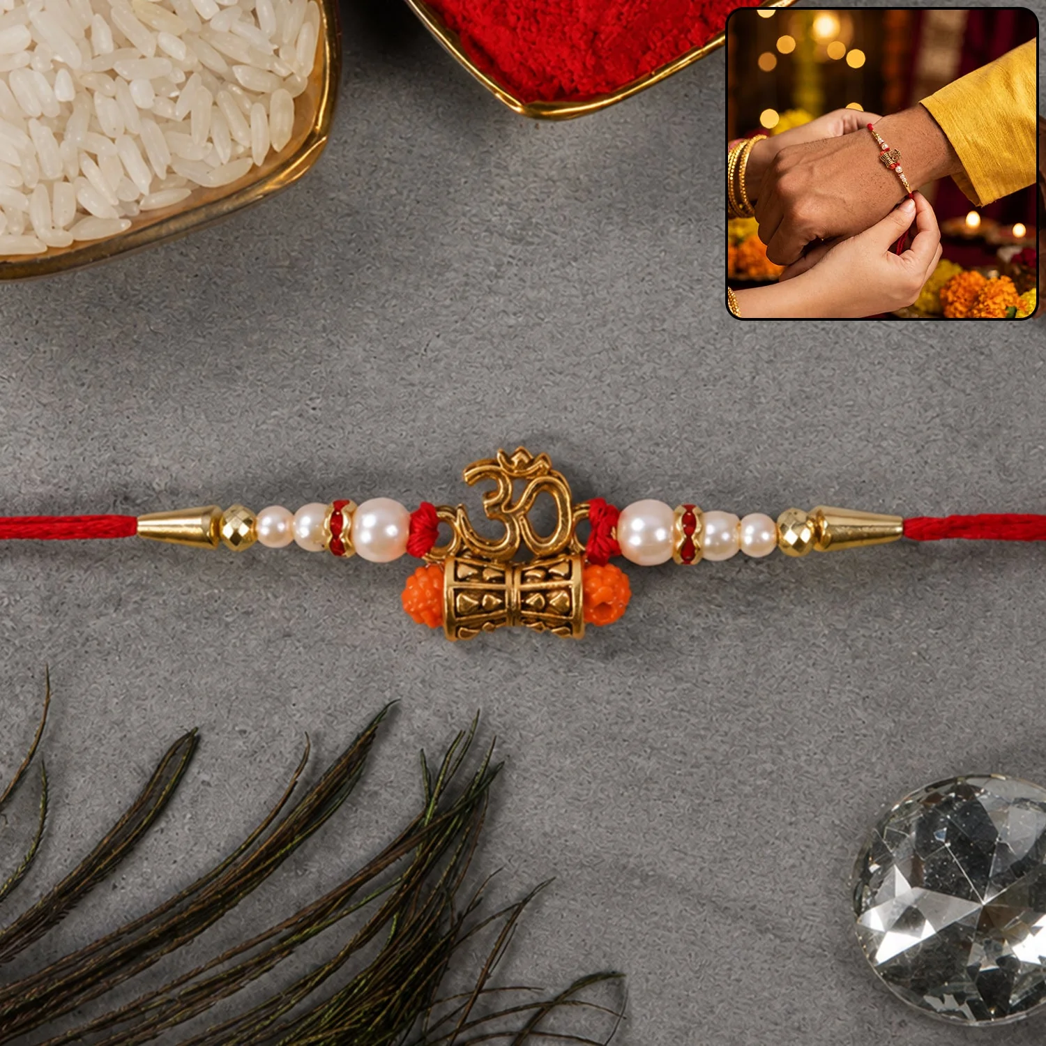 Traditional Rakhi for Brother – Om Rudraksha & Pearls for Rakshabandhan