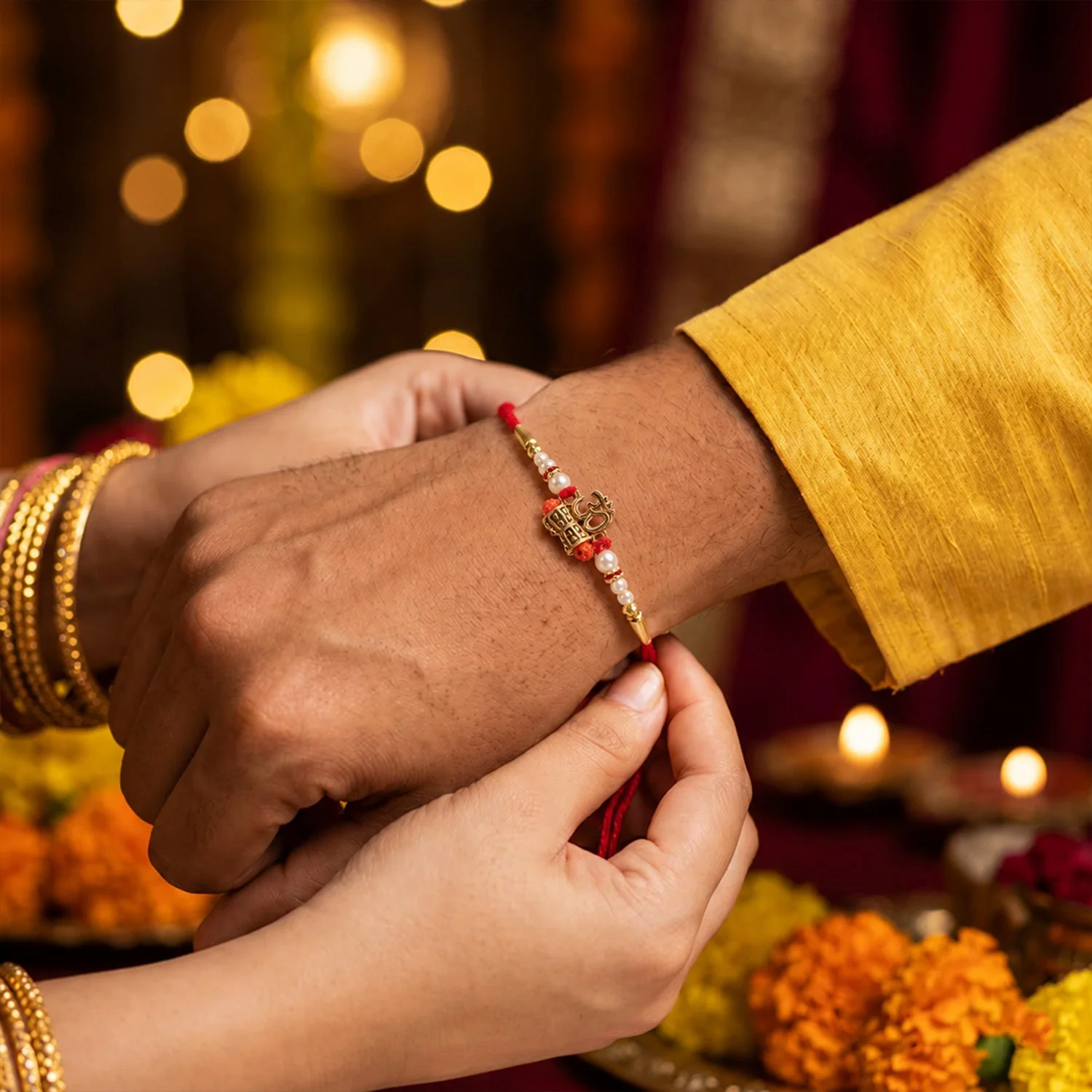 Traditional Rakhi for Brother – Om Rudraksha & Pearls for Rakshabandhan - Image 2