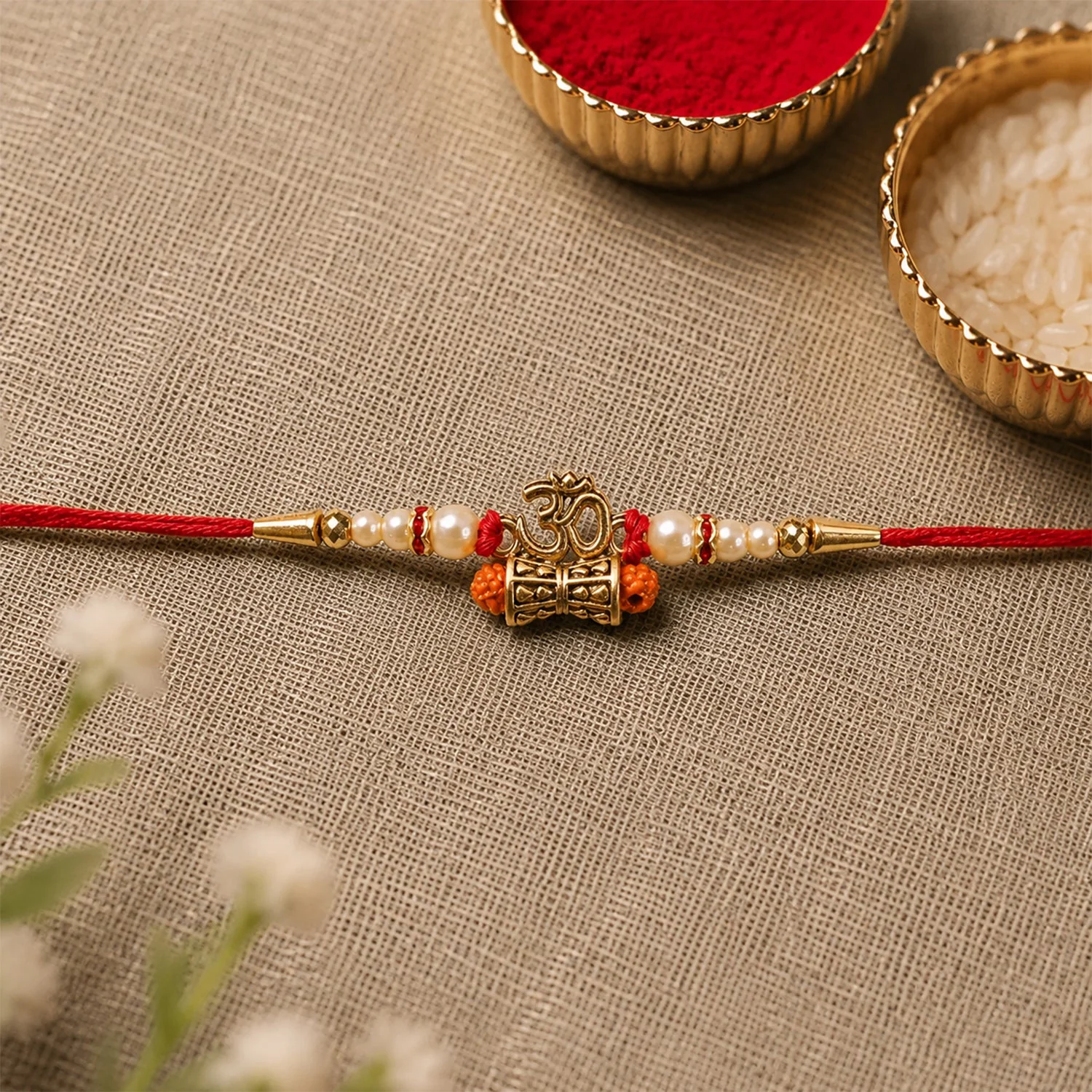 Traditional Rakhi for Brother – Om Rudraksha & Pearls for Rakshabandhan - Image 3
