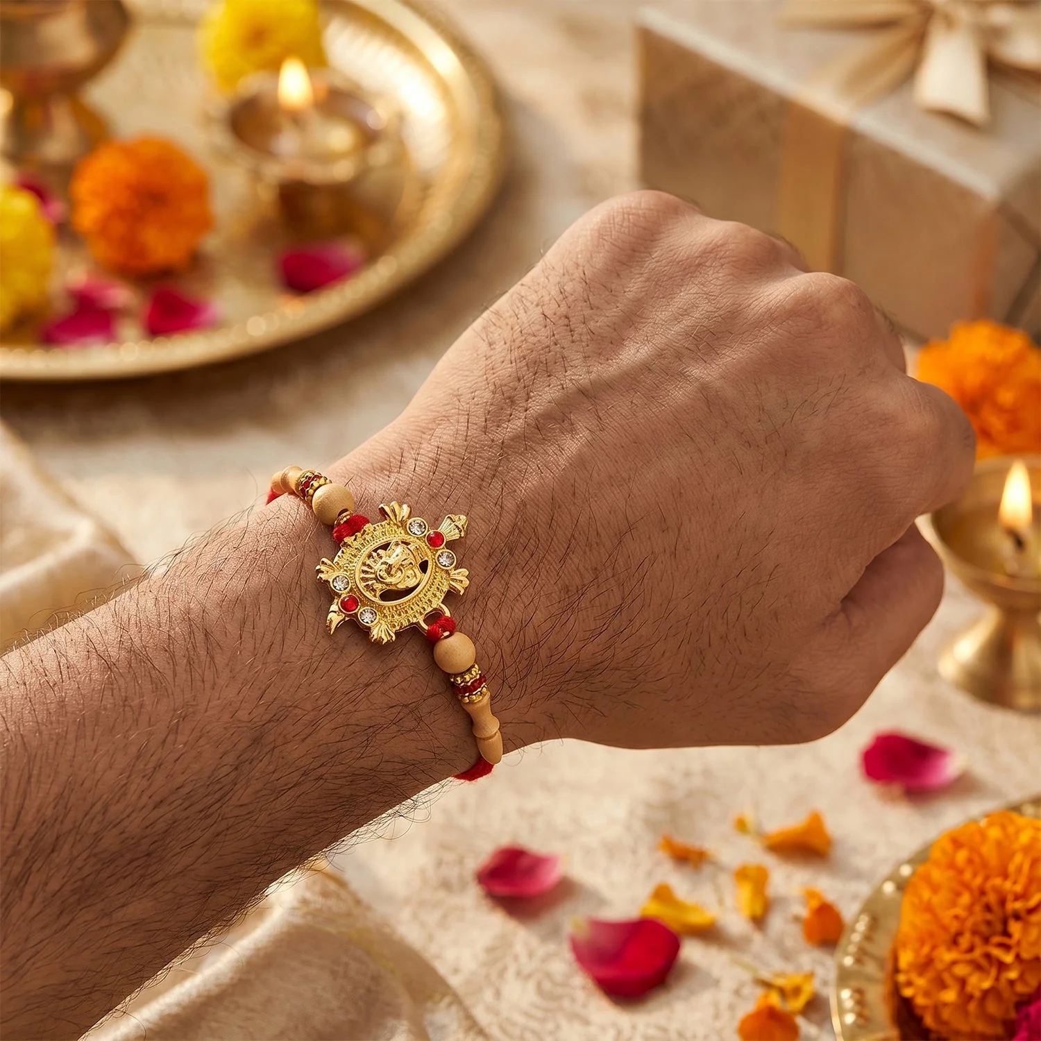 Traditional Golden Om Rakhi – Elegant & Sacred Brother Gift - Image 2