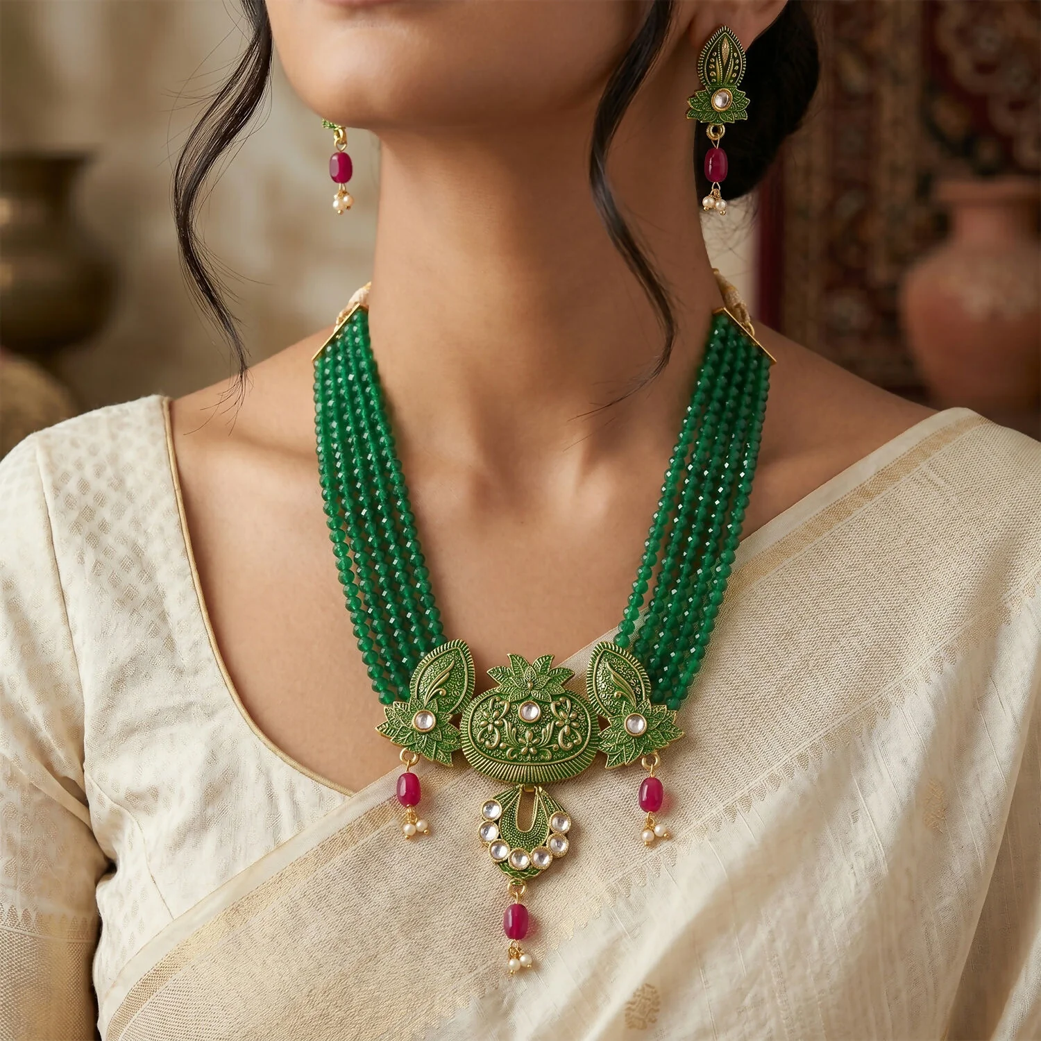 Ethnic Necklace Set – Traditional Green Beaded Jewelry for Festive Looks - Image 3