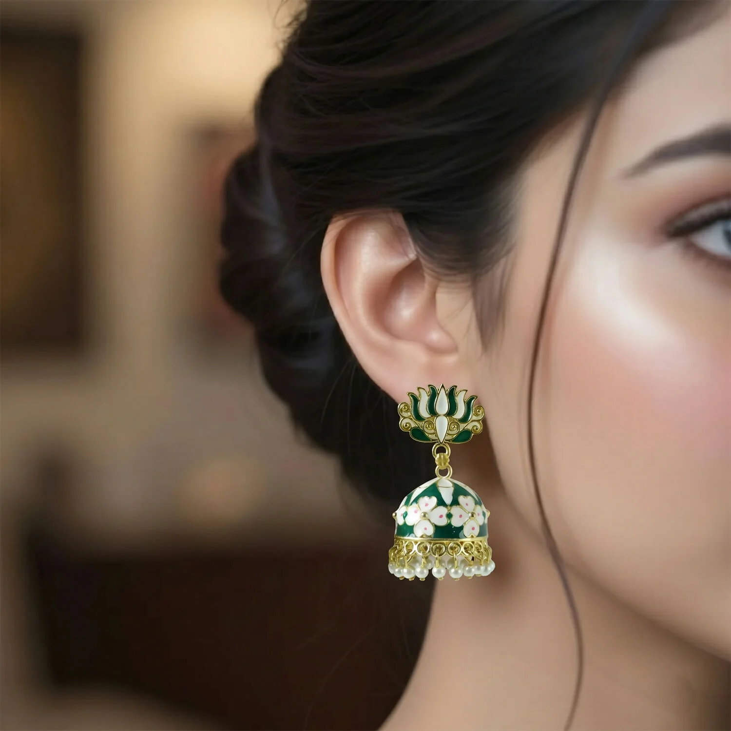 Green Lotus Jhumka Earrings – Elegant Pearl Detail for Women - Image 3