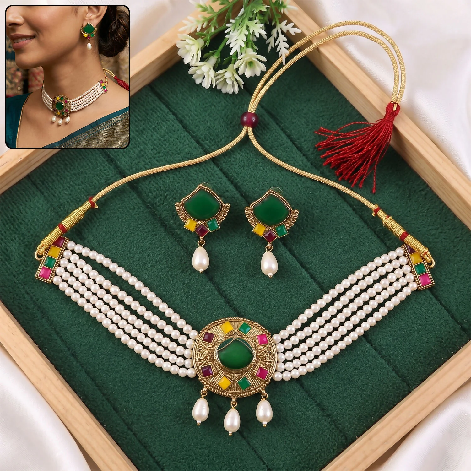 Traditional Green Stone Pearl Necklace Set – Perfect for Weddings - Image 2