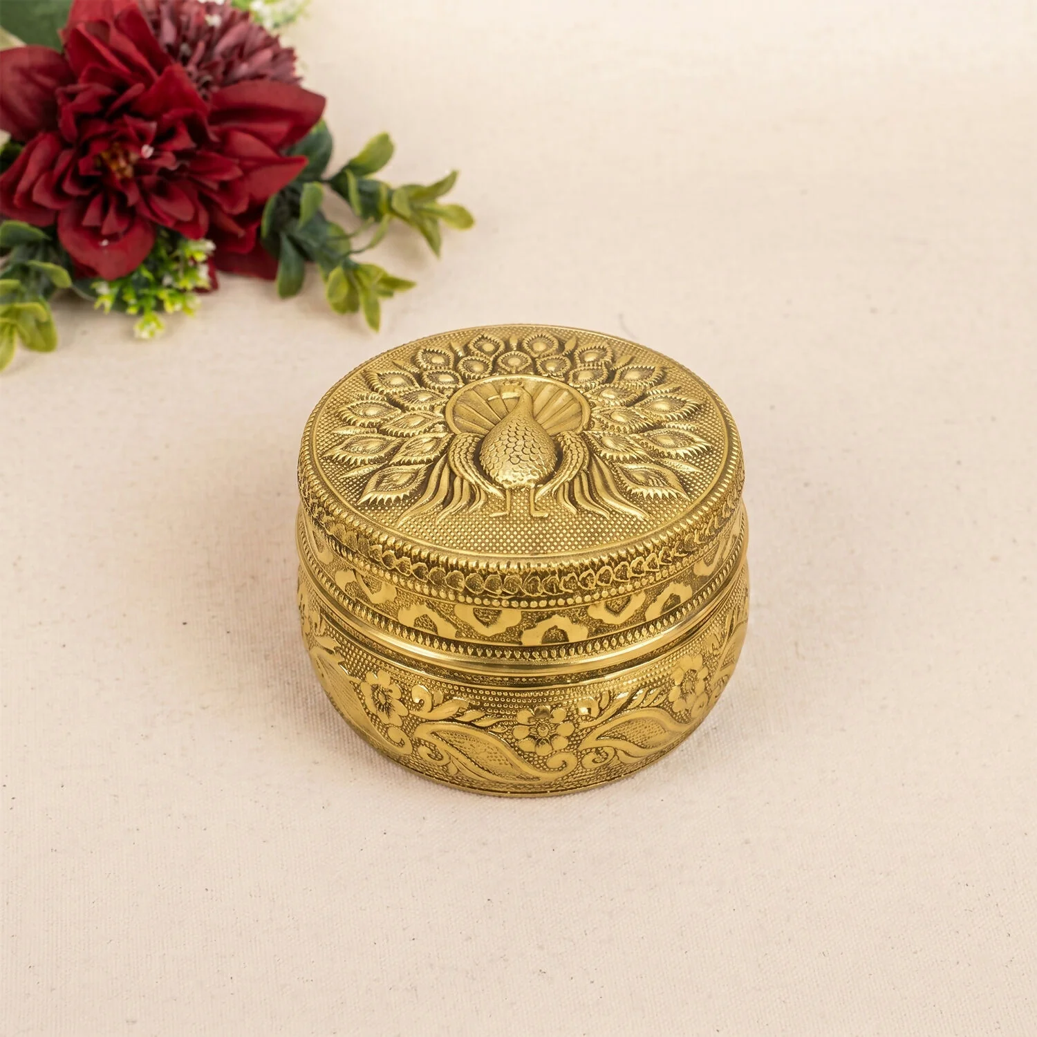Traditional Handcrafted Metal Storage Box – Elegant Peacock Design - Image 2