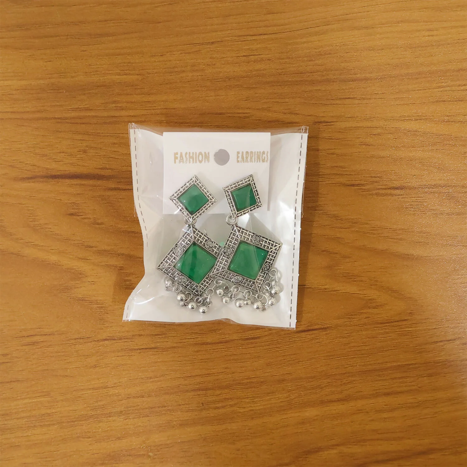 Oxidised Indian Earrings – Traditional Dangler with Green Monalisa Stones - Image 6
