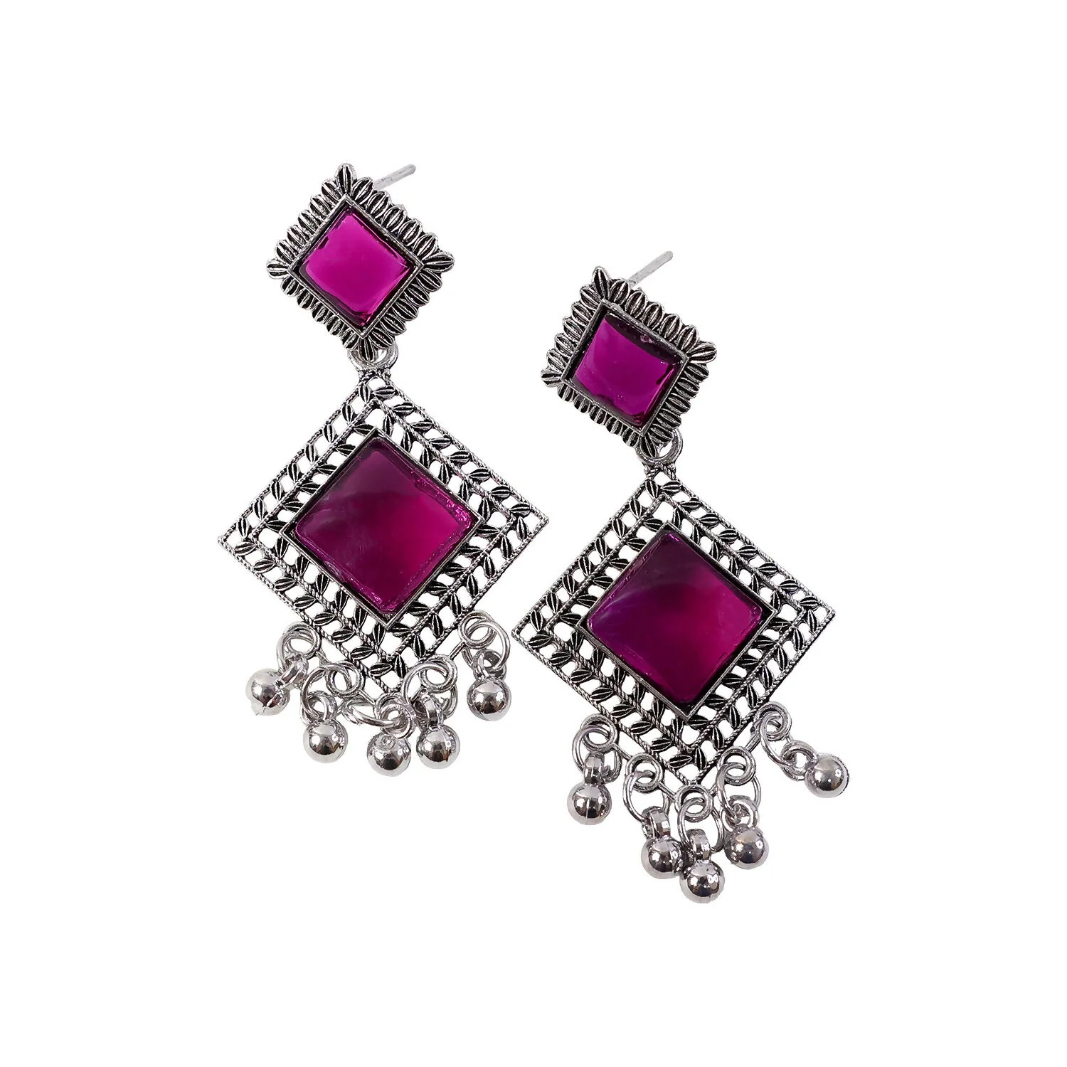Oxidised Indian Dangler Earrings – Red Square Monalisa Stones - Image 5