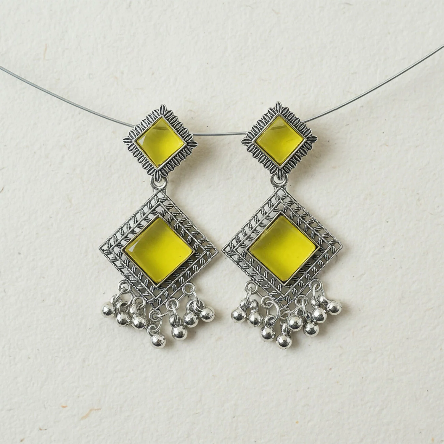 Oxidised Dangler Earrings – Traditional Indian Yellow Monalisa Stones - Image 4