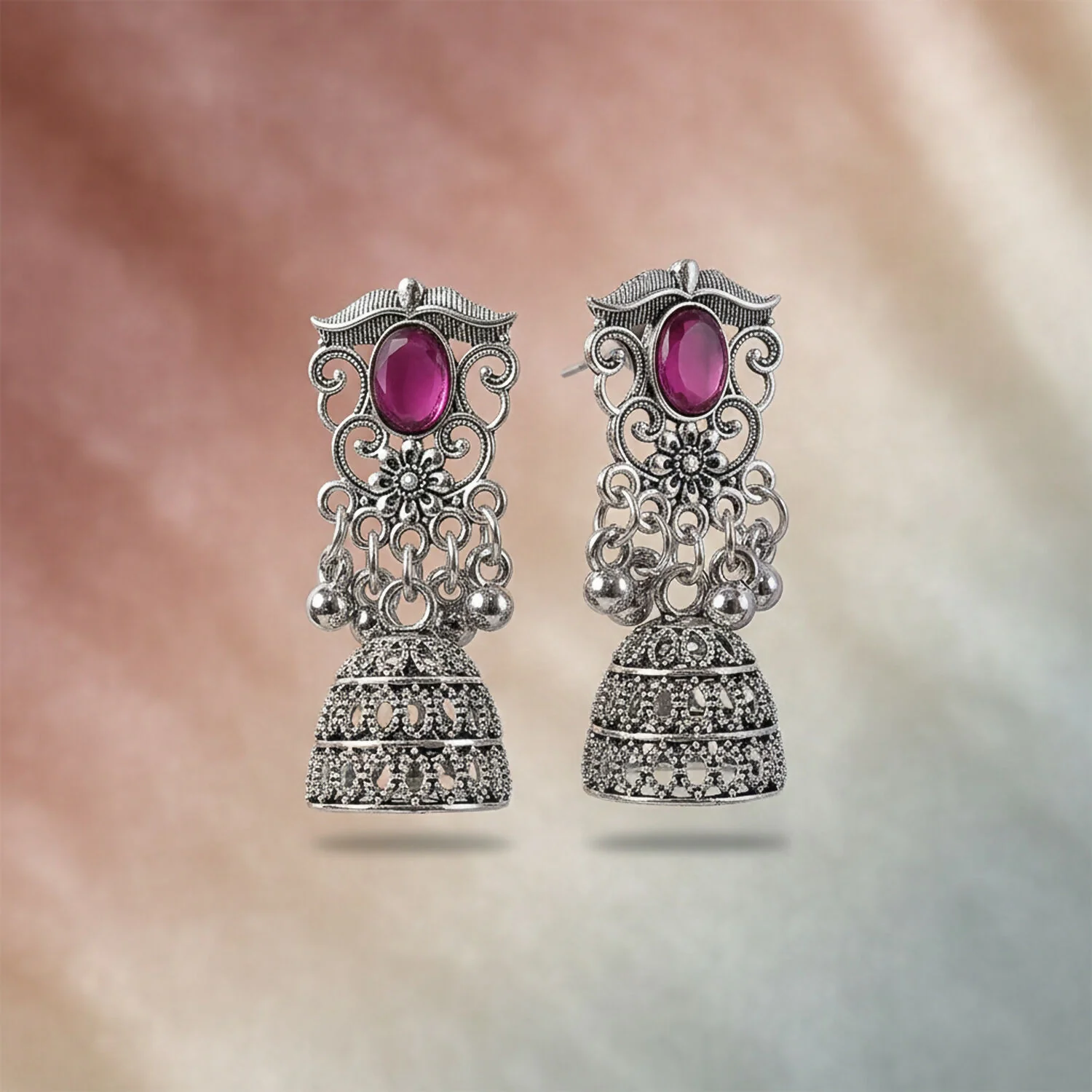 Silver Jhumka Earrings – Traditional Pink Stone & Filigree - Image 4