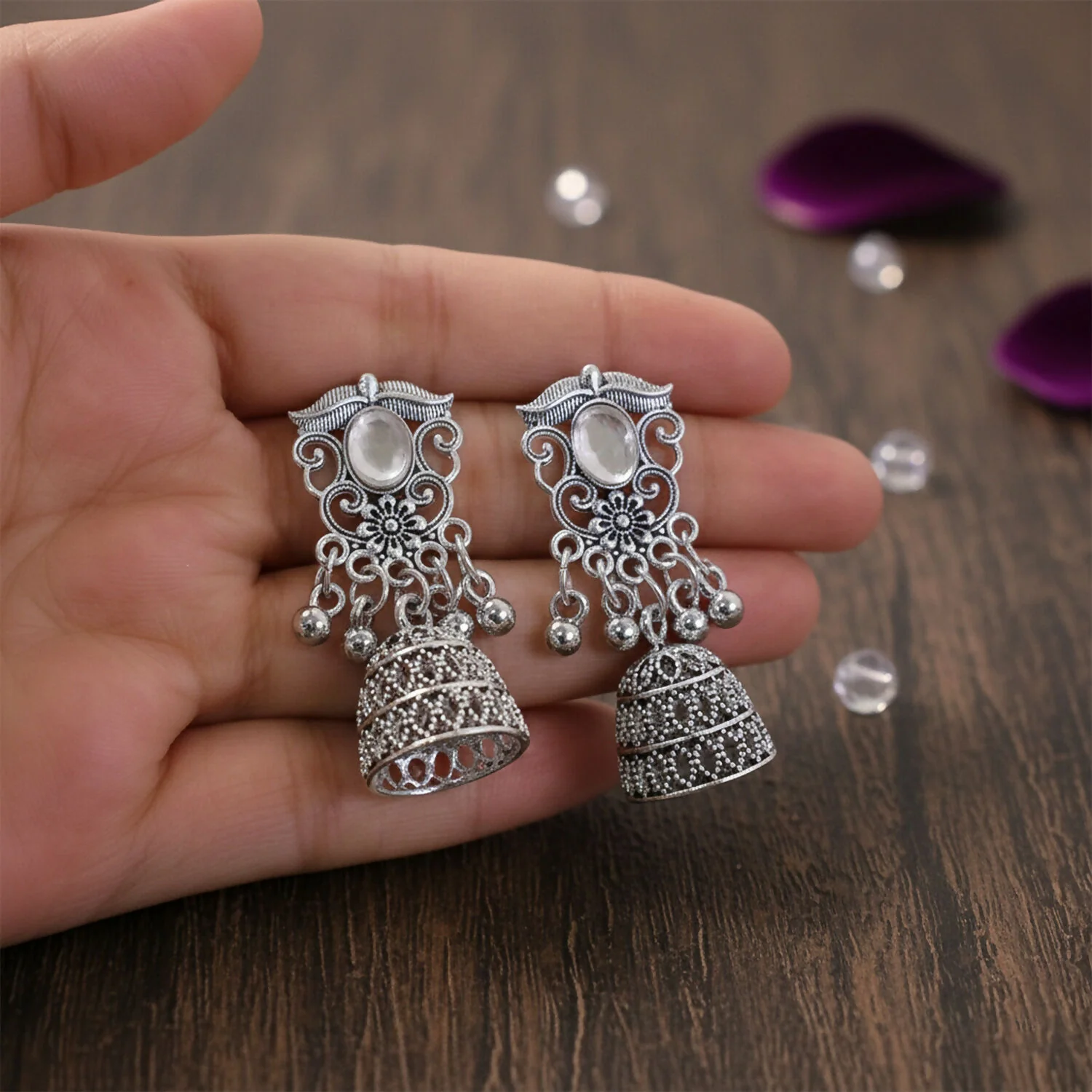 German Silver Jhumka Earrings – Traditional Oxidized Finish with Monalisa Stones - Image 2