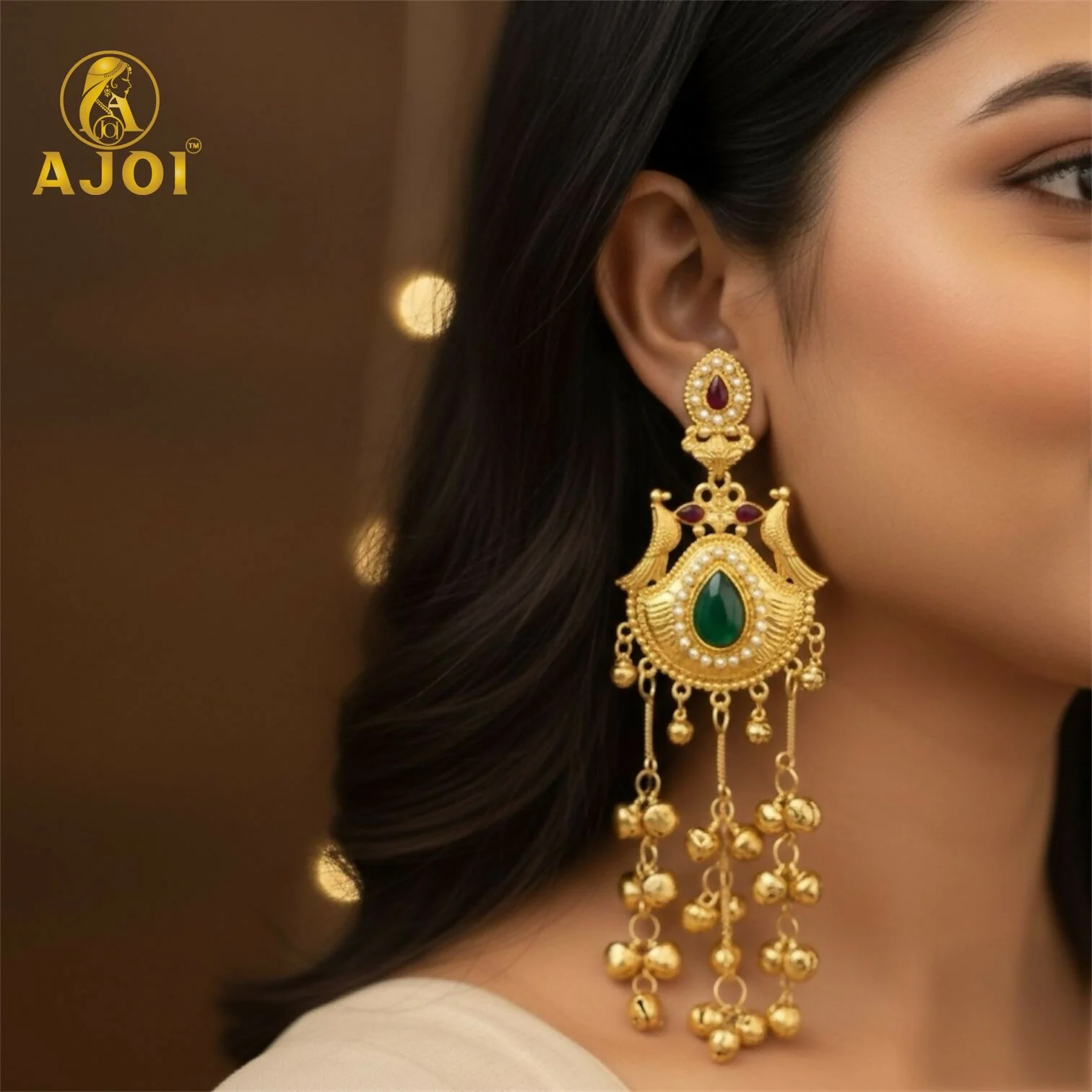 Kashmiri Gold-Plated Jhumka Earrings – Elegant Green Stone & Ghungroo - Image 2