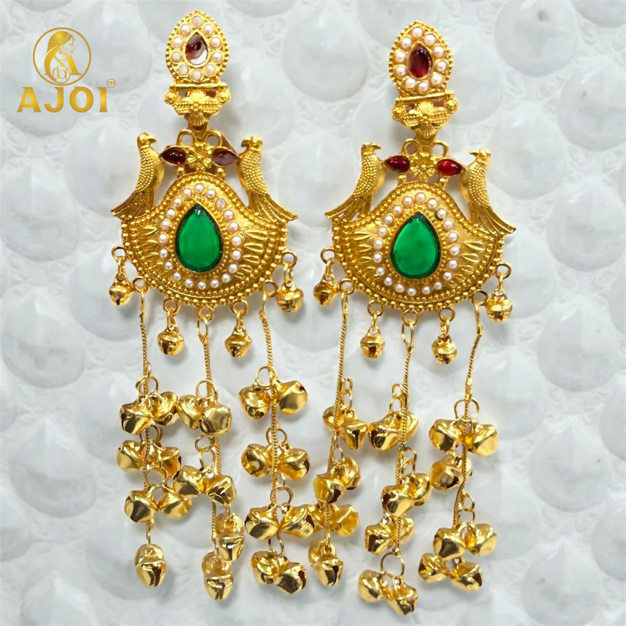 Kashmiri Gold-Plated Jhumka Earrings – Elegant Green Stone & Ghungroo - Image 3