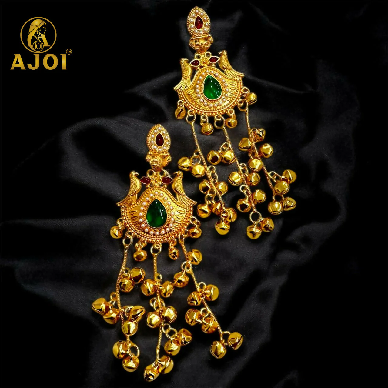 Kashmiri Gold-Plated Jhumka Earrings – Elegant Green Stone & Ghungroo - Image 4