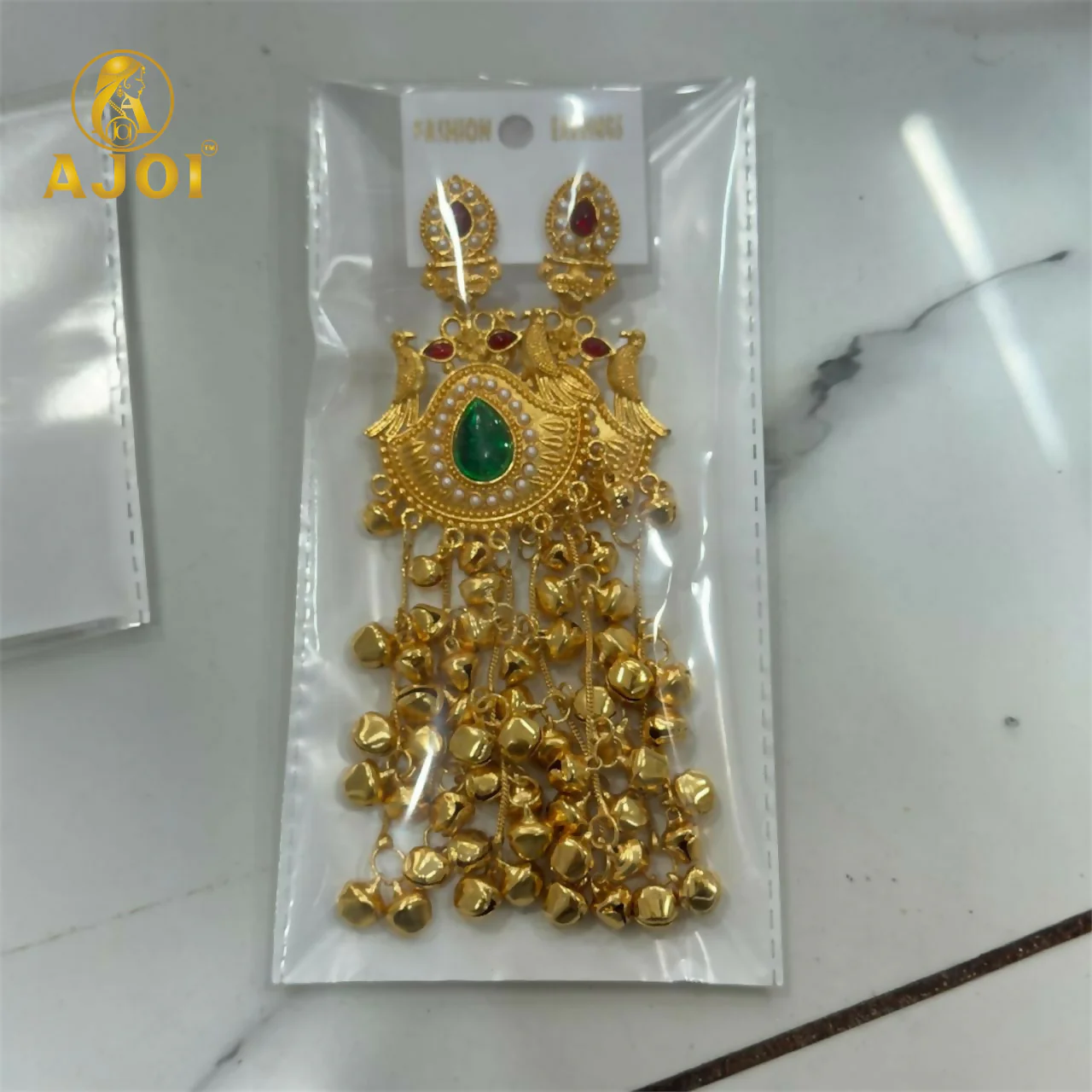 Kashmiri Gold-Plated Jhumka Earrings – Elegant Green Stone & Ghungroo - Image 5
