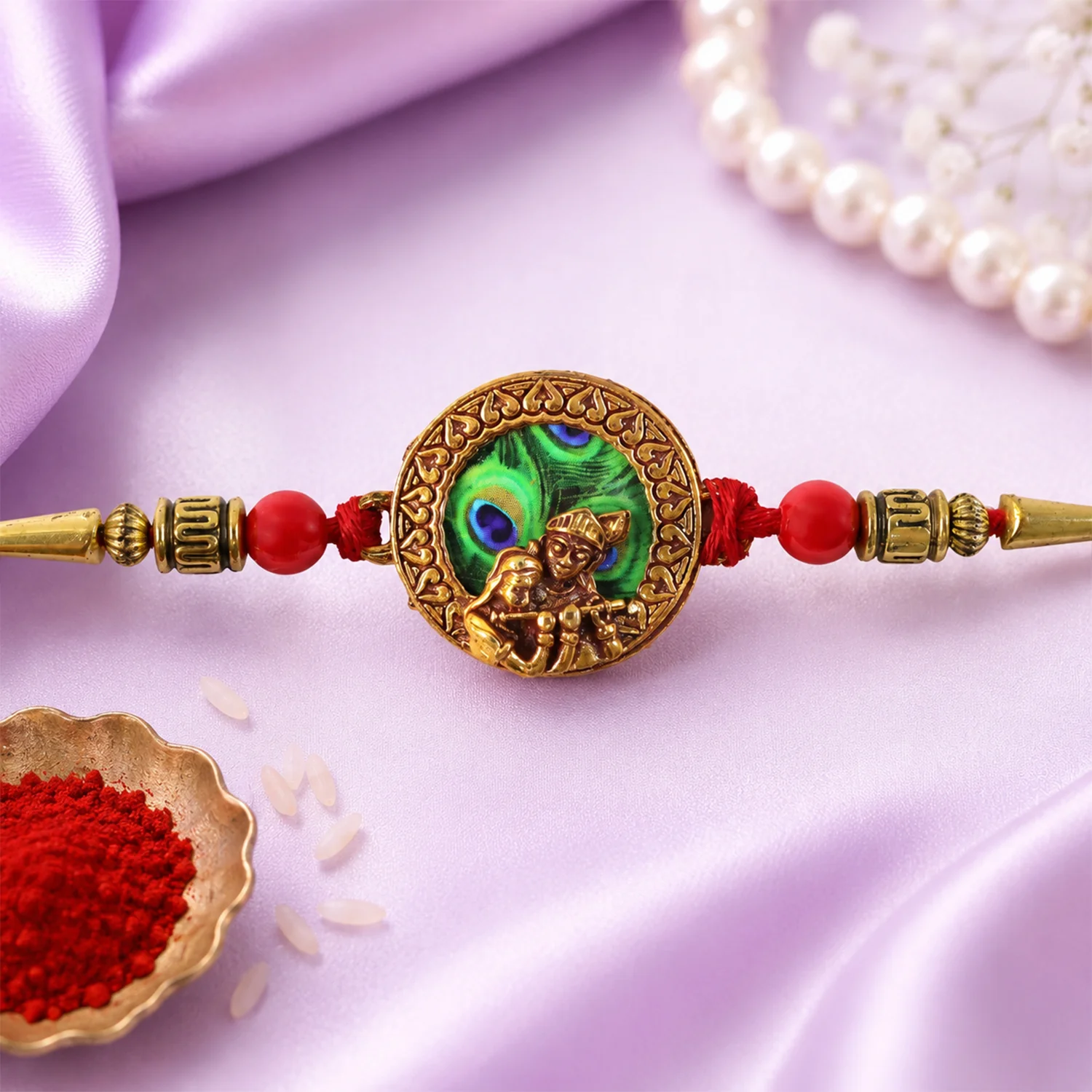 Krishna Rakhi, Traditional Peacock Feather Design with Beads - Image 2