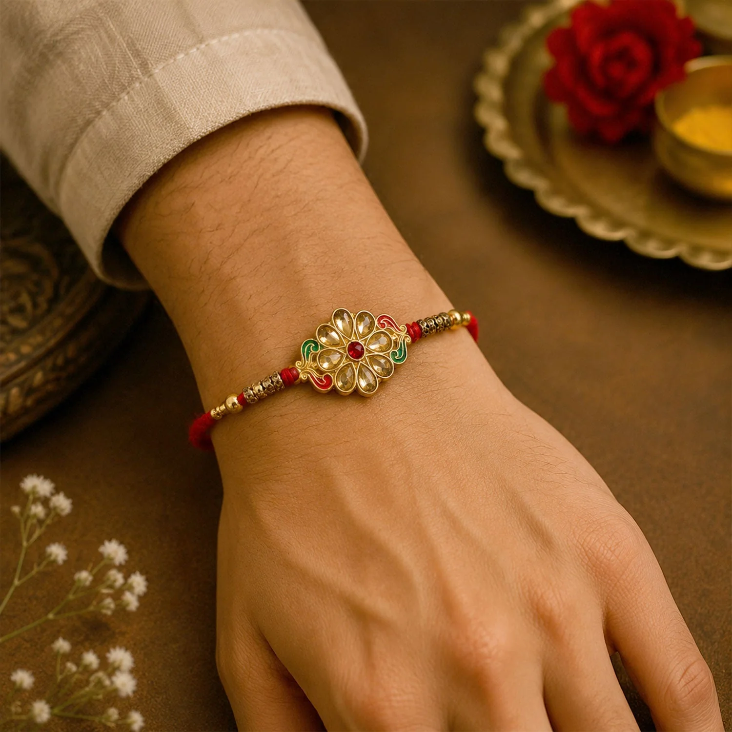 Premium Traditional Kundan Stone Rakhi for Brother with Pearl Beads - Image 3