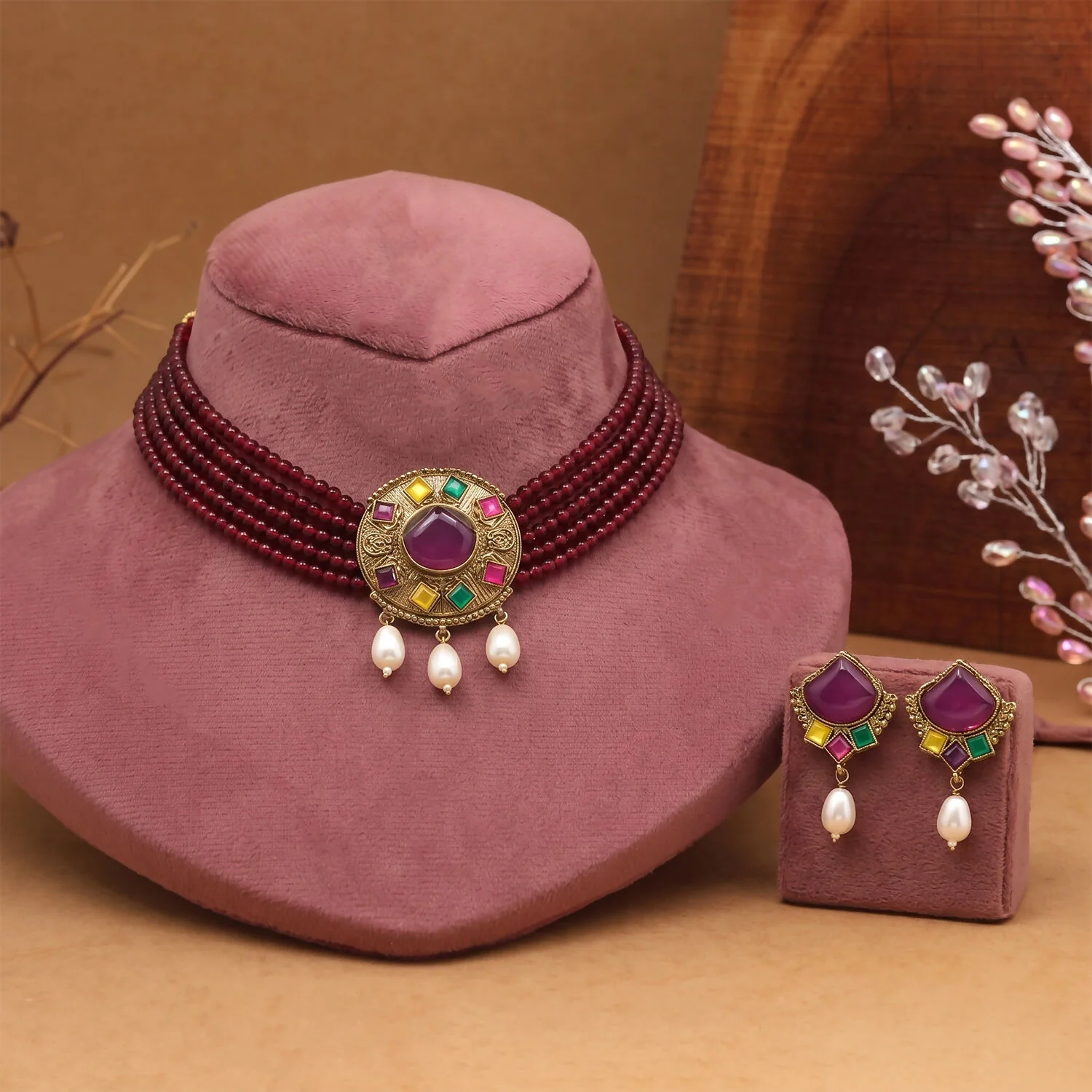 Traditional Maroon Beaded Choker Necklace Set – Elegant Handcrafted Jewelry - Image 3