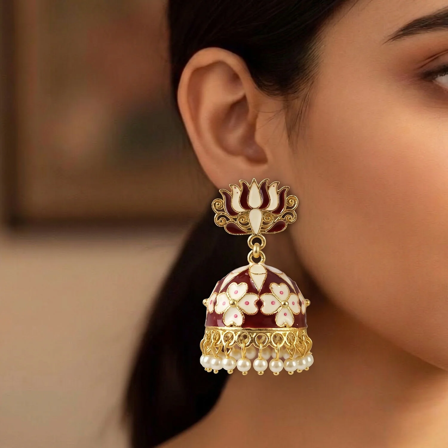 Maroon Lotus Jhumka Earrings – Traditional Festive Jewelry with Pearl Beads - Image 5
