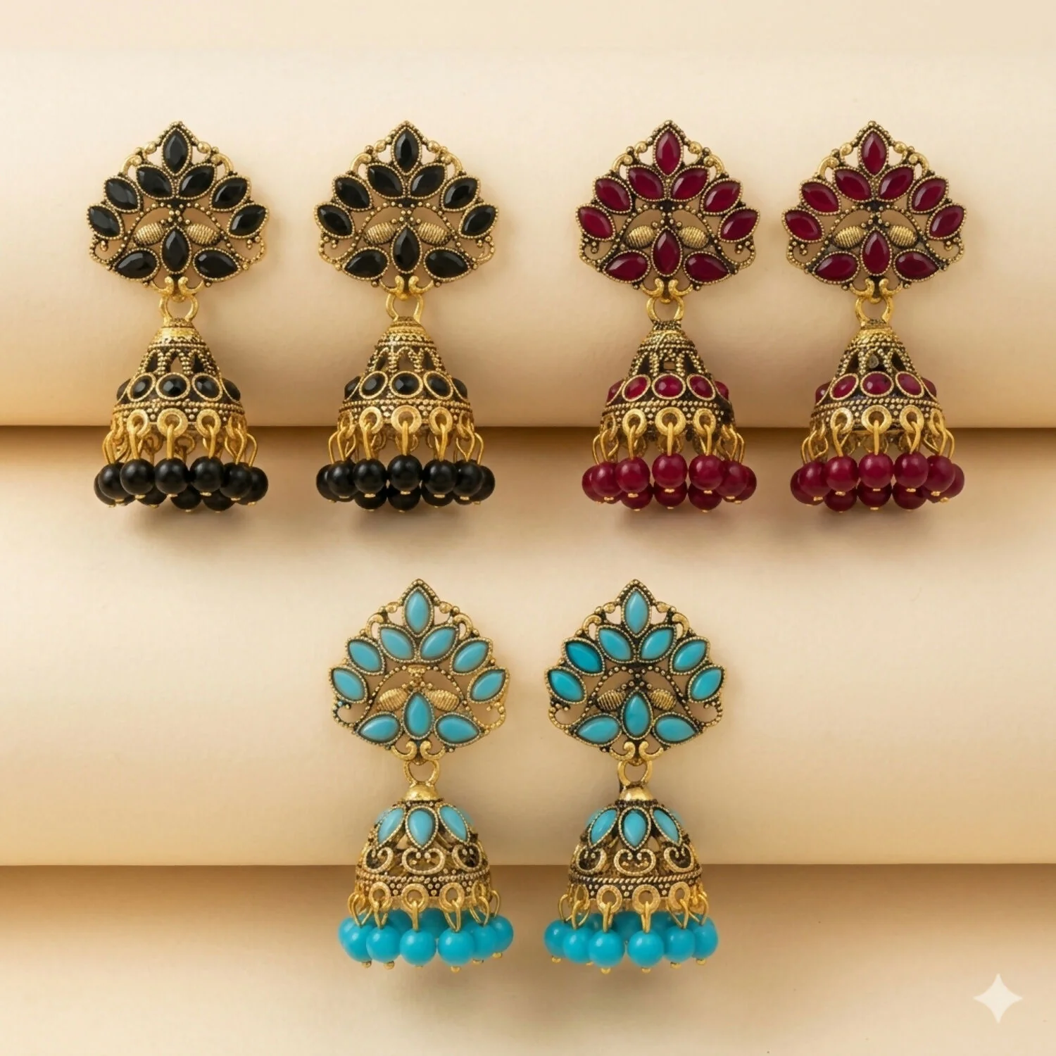 Traditional Matte Gold Jhumka Earrings Colorful Combo Pack Set of 3 Pairs for Women