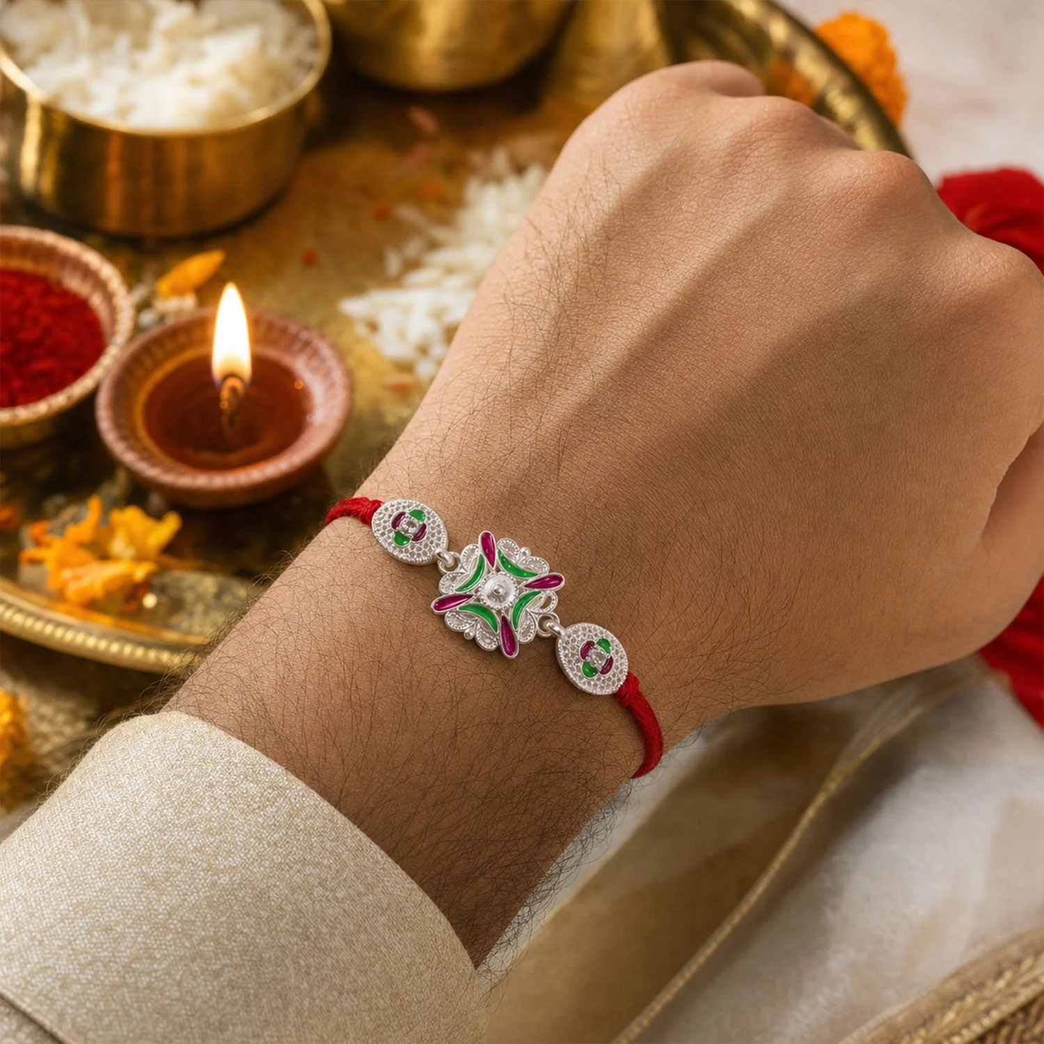 Traditional Meenakari Rakhi with Stonework Rakhi for Brother - Image 3