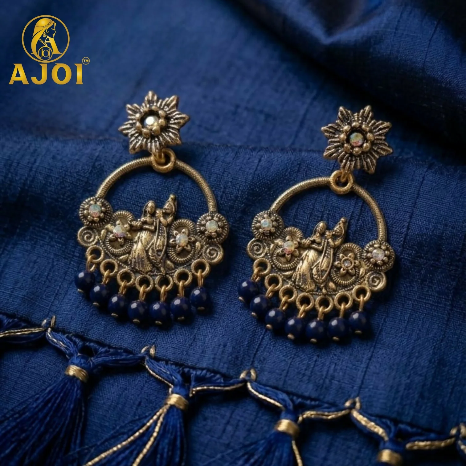 Oxidised Chandbali Earrings – Intricate Ethnic Design & Blue Beads - Image 3