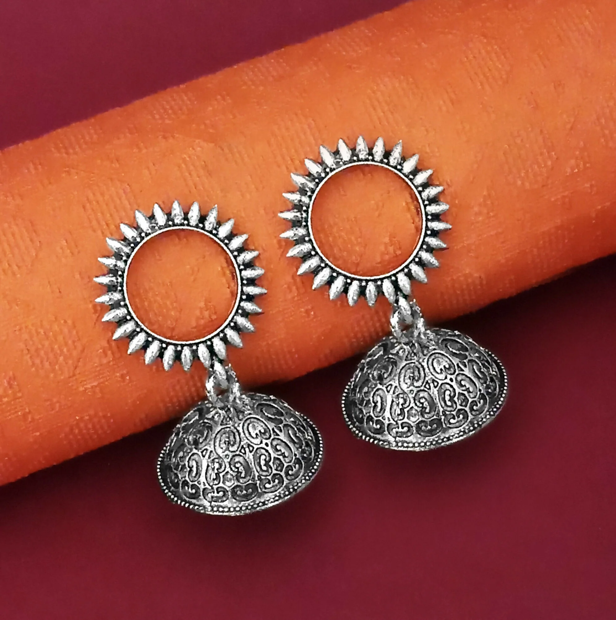 Oxidised Jhumki Earrings Combo – Traditional Silver Plated Set - Image 5