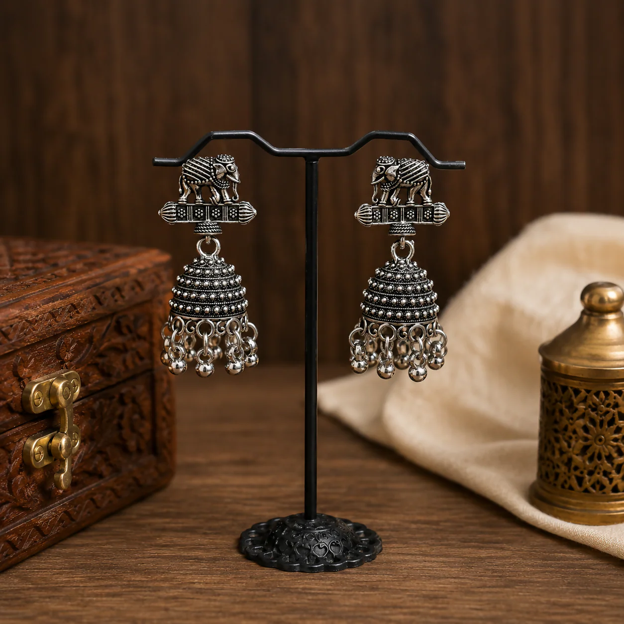 Oxidised Silver Elephant Jhumka Earrings – Traditional Ethnic Style - Image 2