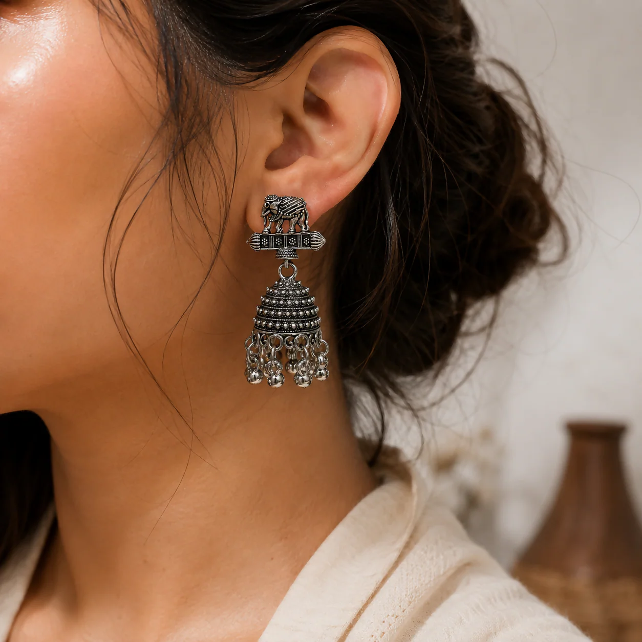 Oxidised Silver Elephant Jhumka Earrings – Traditional Ethnic Style - Image 3