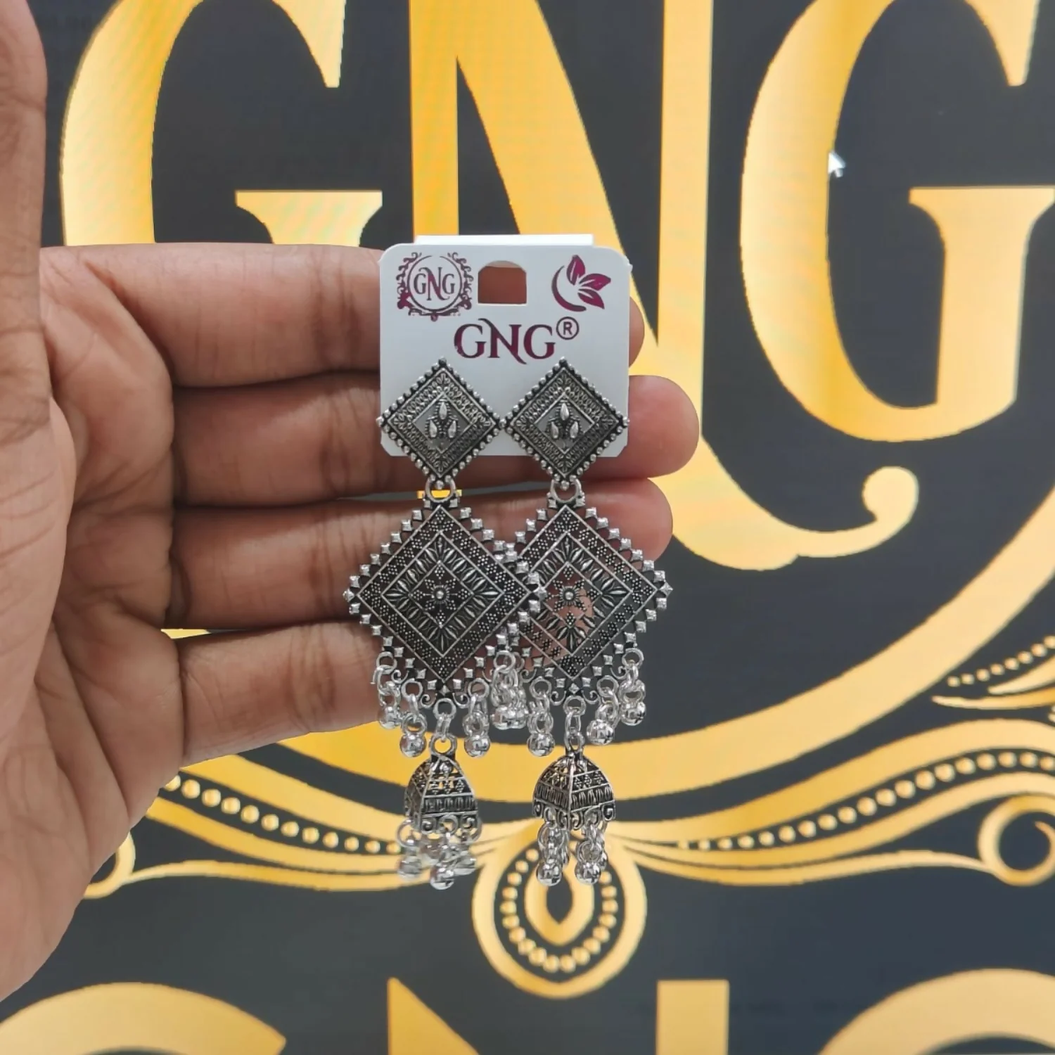 Oxidised Silver Geometric Jhumka Earrings – Perfect for Festive Wear - Image 4