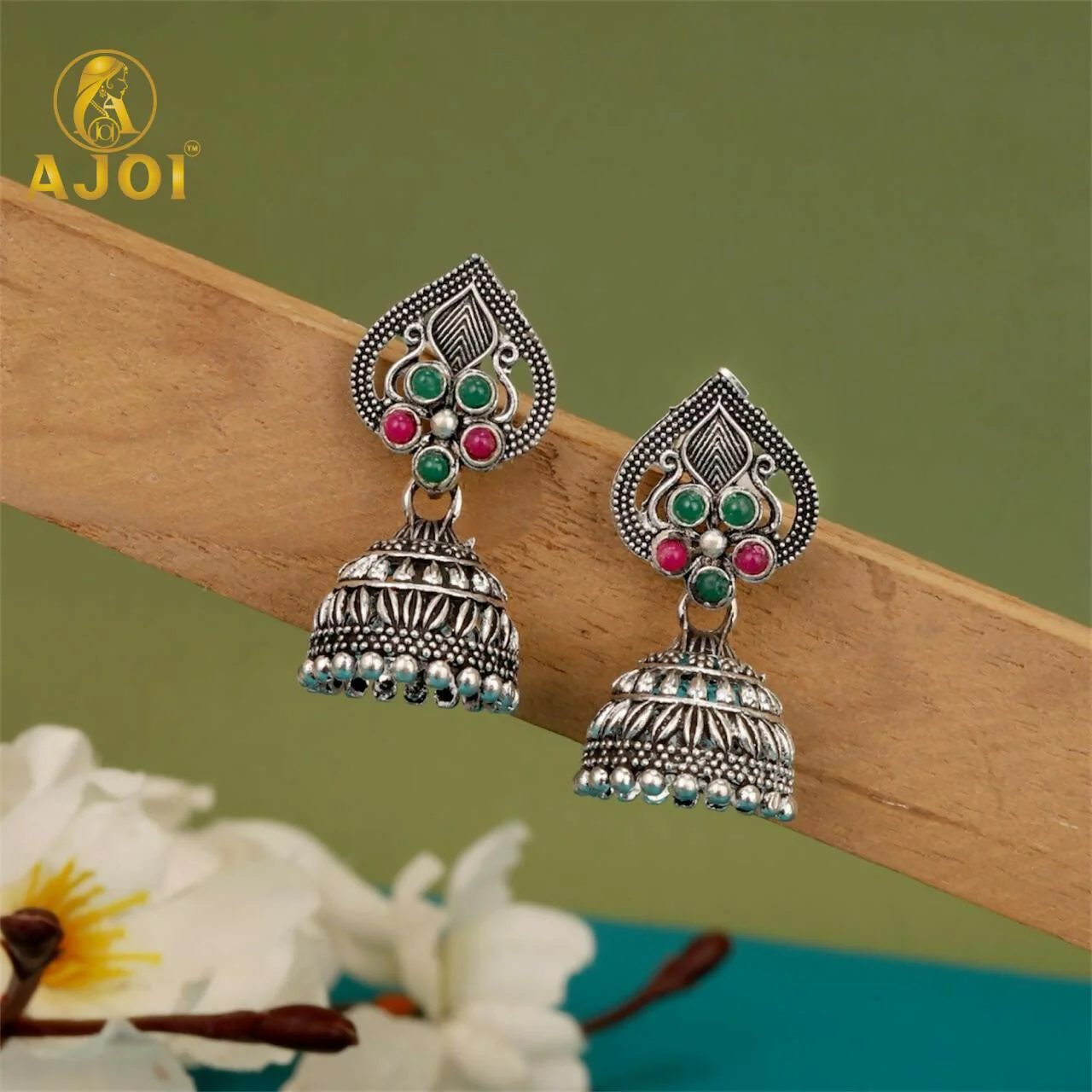 Oxidised Silver Jhumka Earrings Combo Set – Traditional Floral Design - Image 2