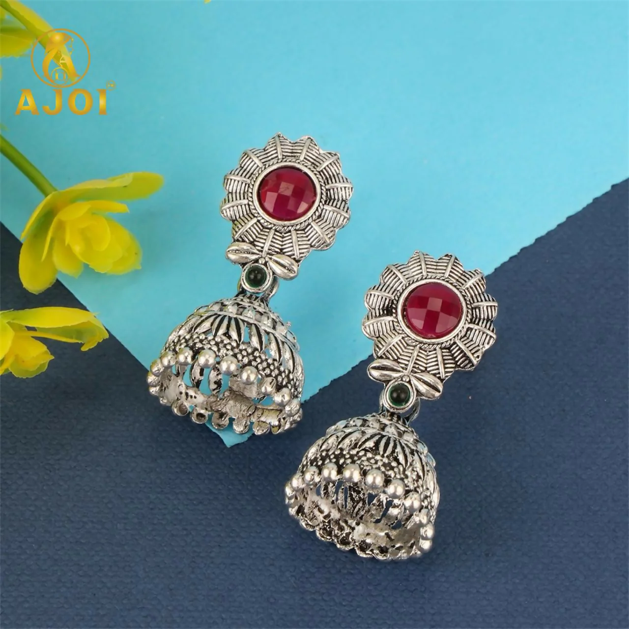 Oxidised Silver Jhumka Earrings Combo Set – Traditional Floral Design - Image 3