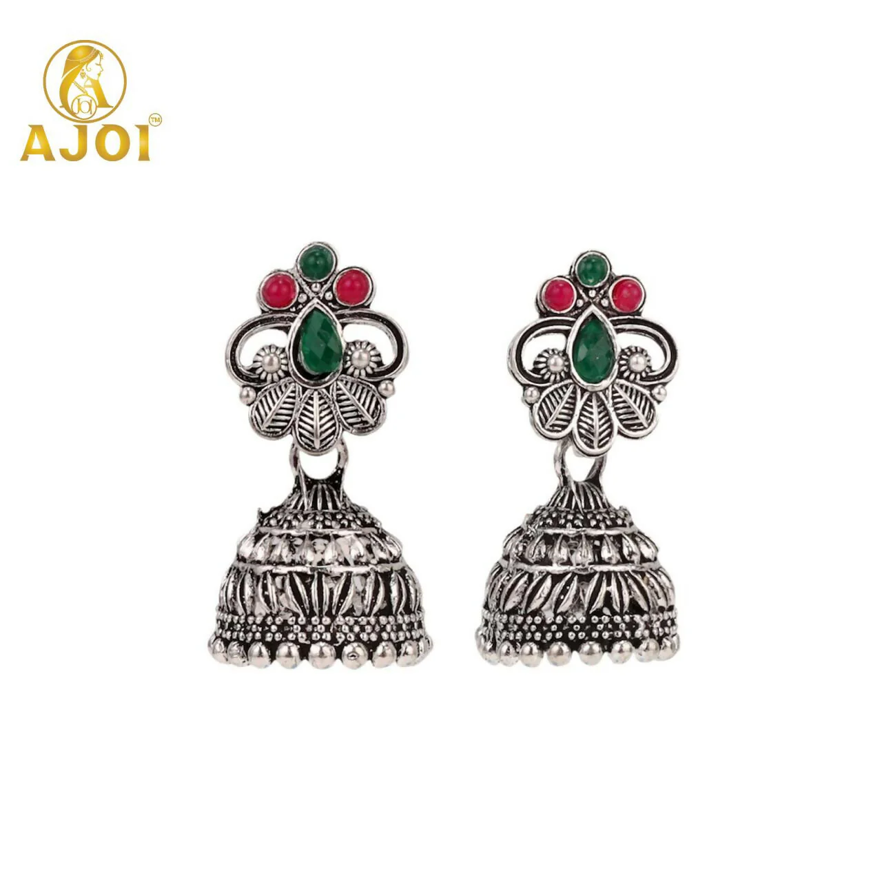 Oxidised Silver Jhumka Earrings Combo Set – Traditional Floral Design - Image 4