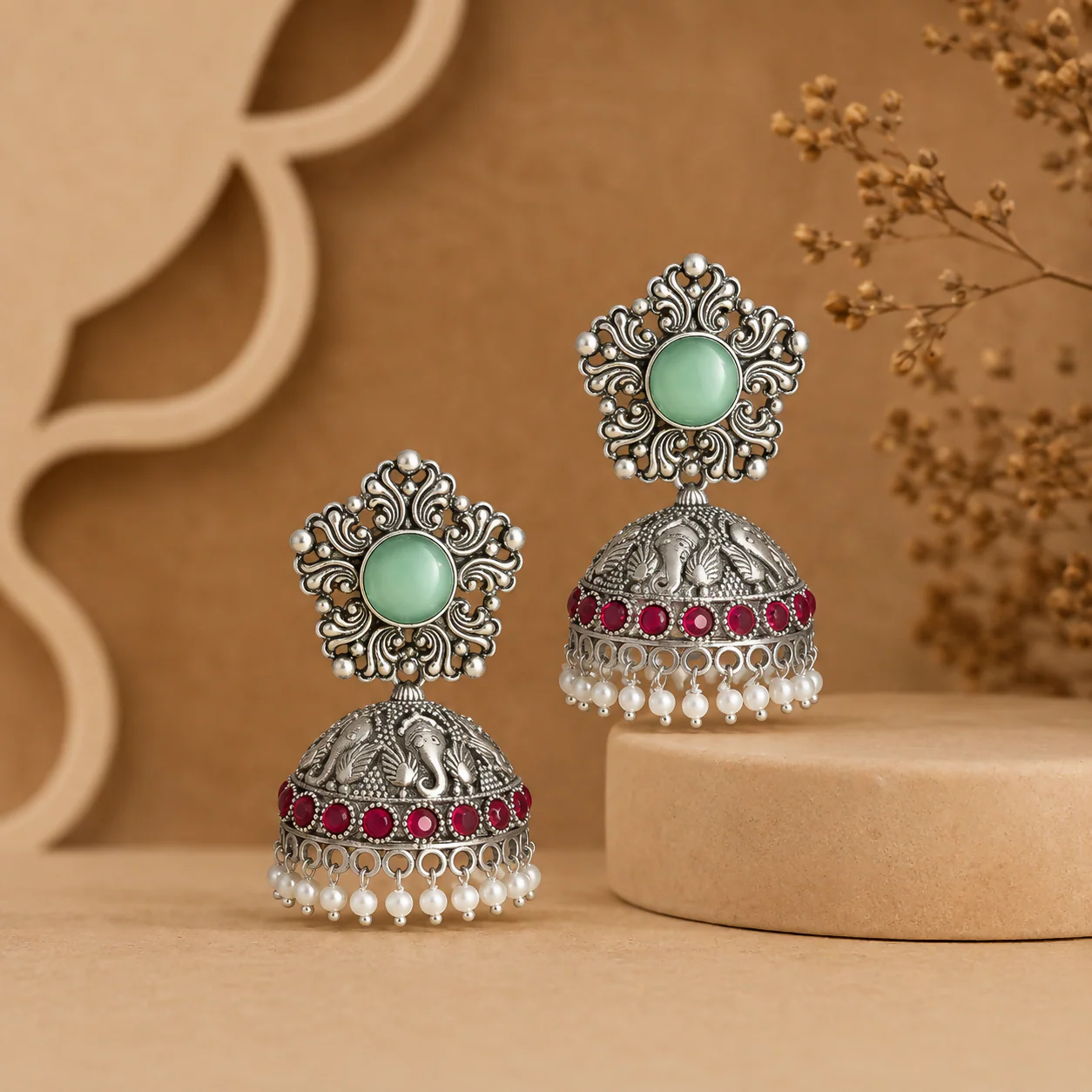 Oxidized Silver Jhumka Earrings – Elegant Mint & Ruby Stones