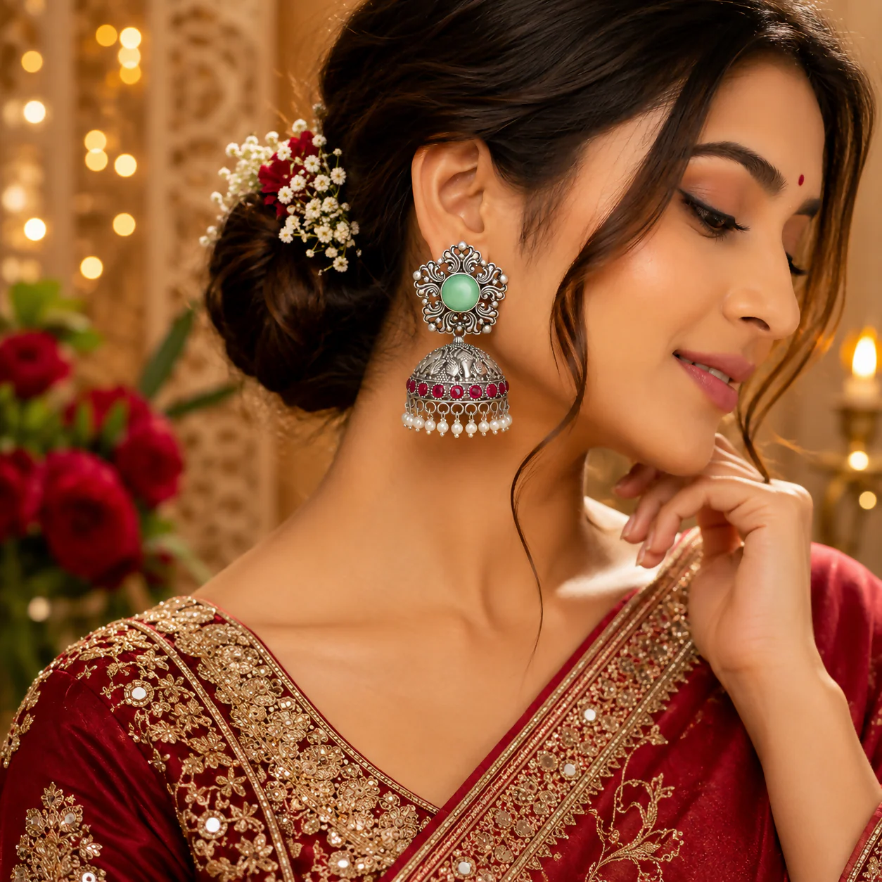 Oxidized Silver Jhumka Earrings – Elegant Mint & Ruby Stones - Image 2