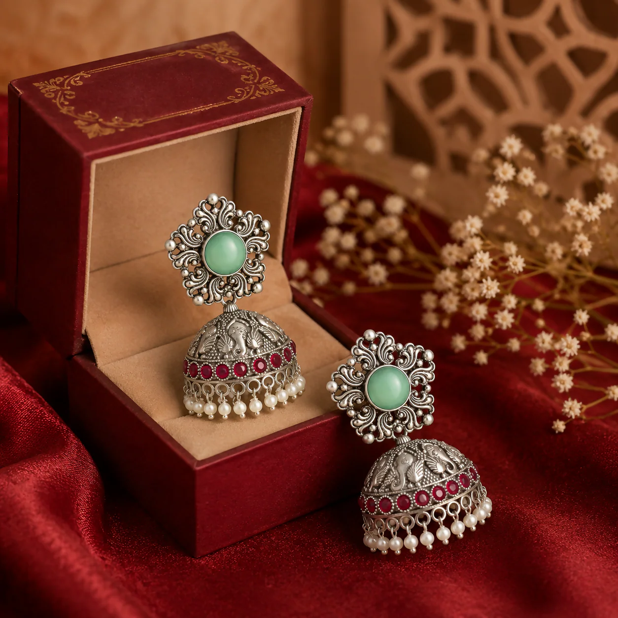 Oxidized Silver Jhumka Earrings – Elegant Mint & Ruby Stones - Image 3