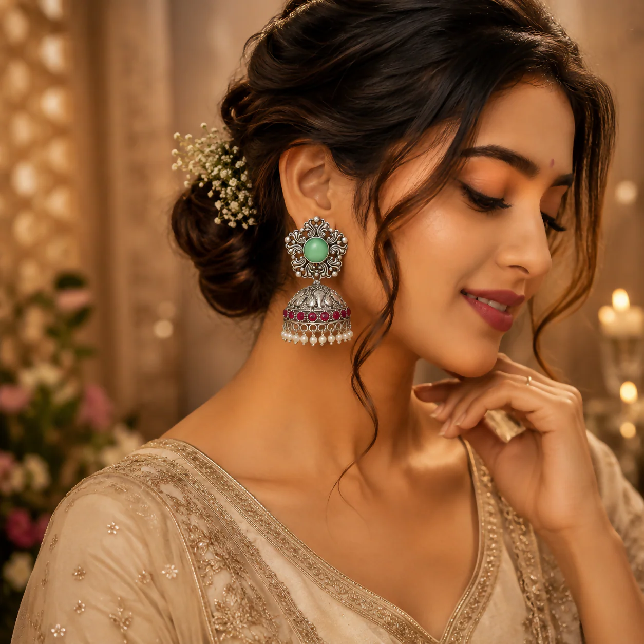 Oxidized Silver Jhumka Earrings – Elegant Mint & Ruby Stones - Image 4