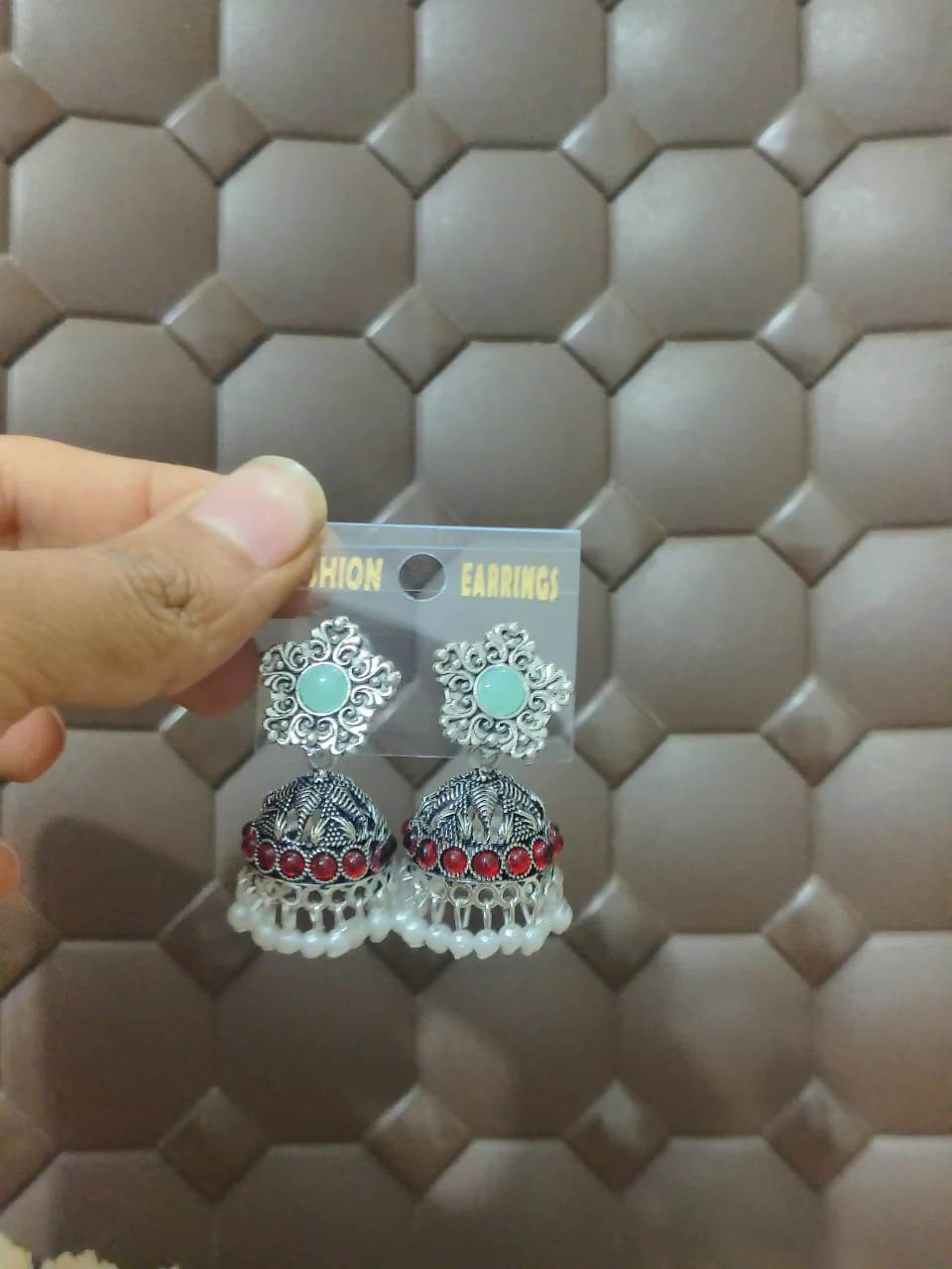 Oxidized Silver Jhumka Earrings – Elegant Mint & Ruby Stones - Image 5