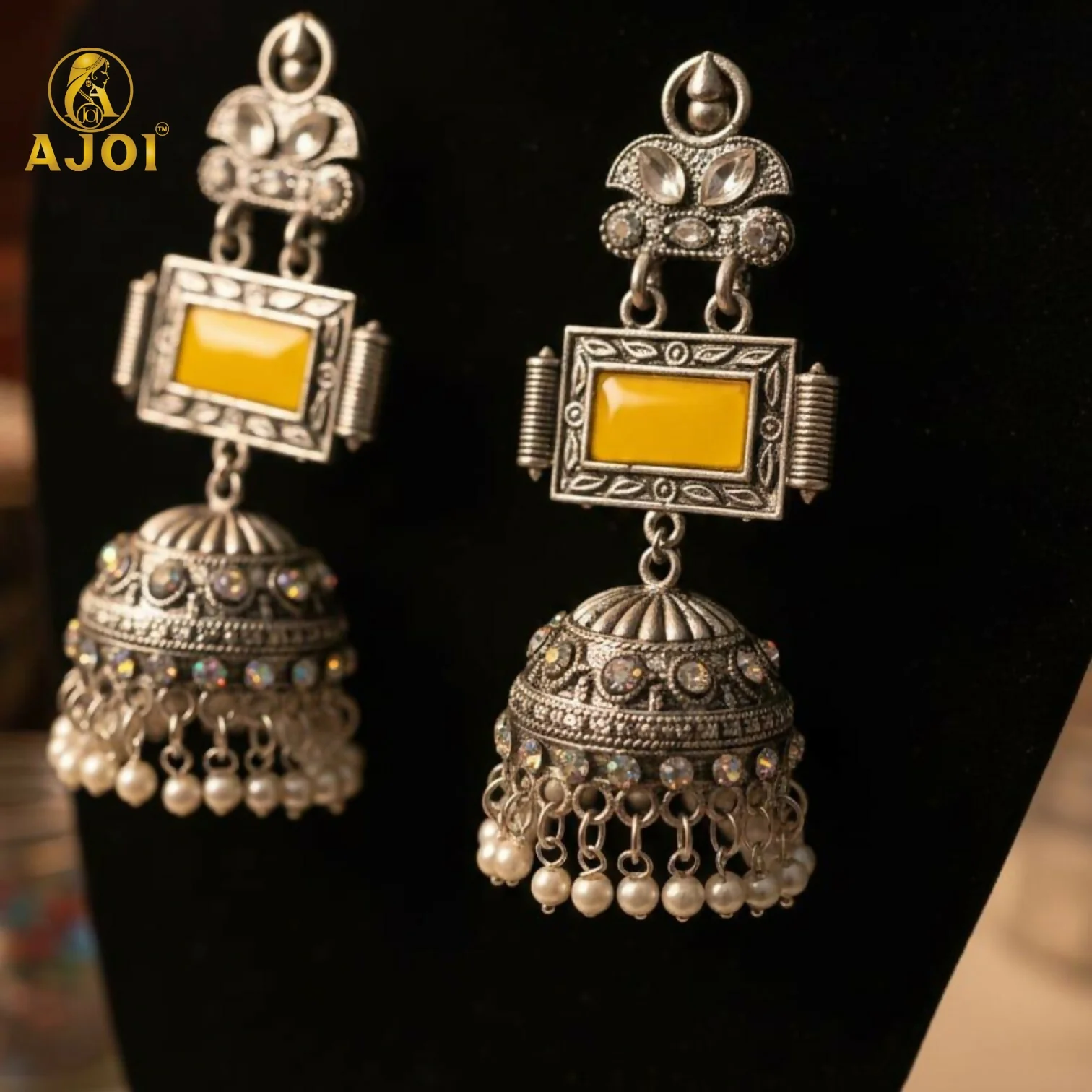 Oxidized Silver Jhumka Earrings – Traditional Yellow Stone & Pearls - Image 3