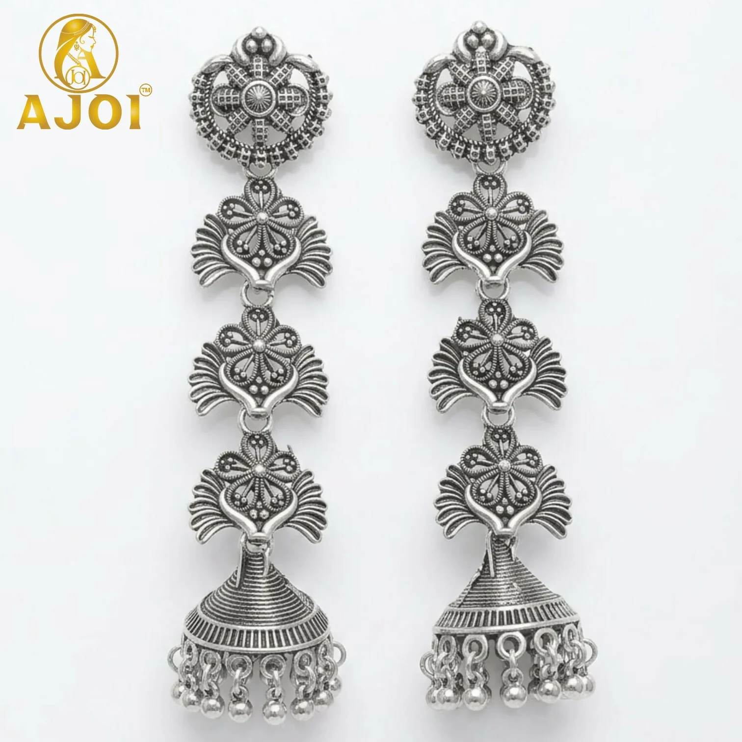 Traditional Oxidized Silver Long Jhumka Earrings for Women Antique Floral Design - Image 4