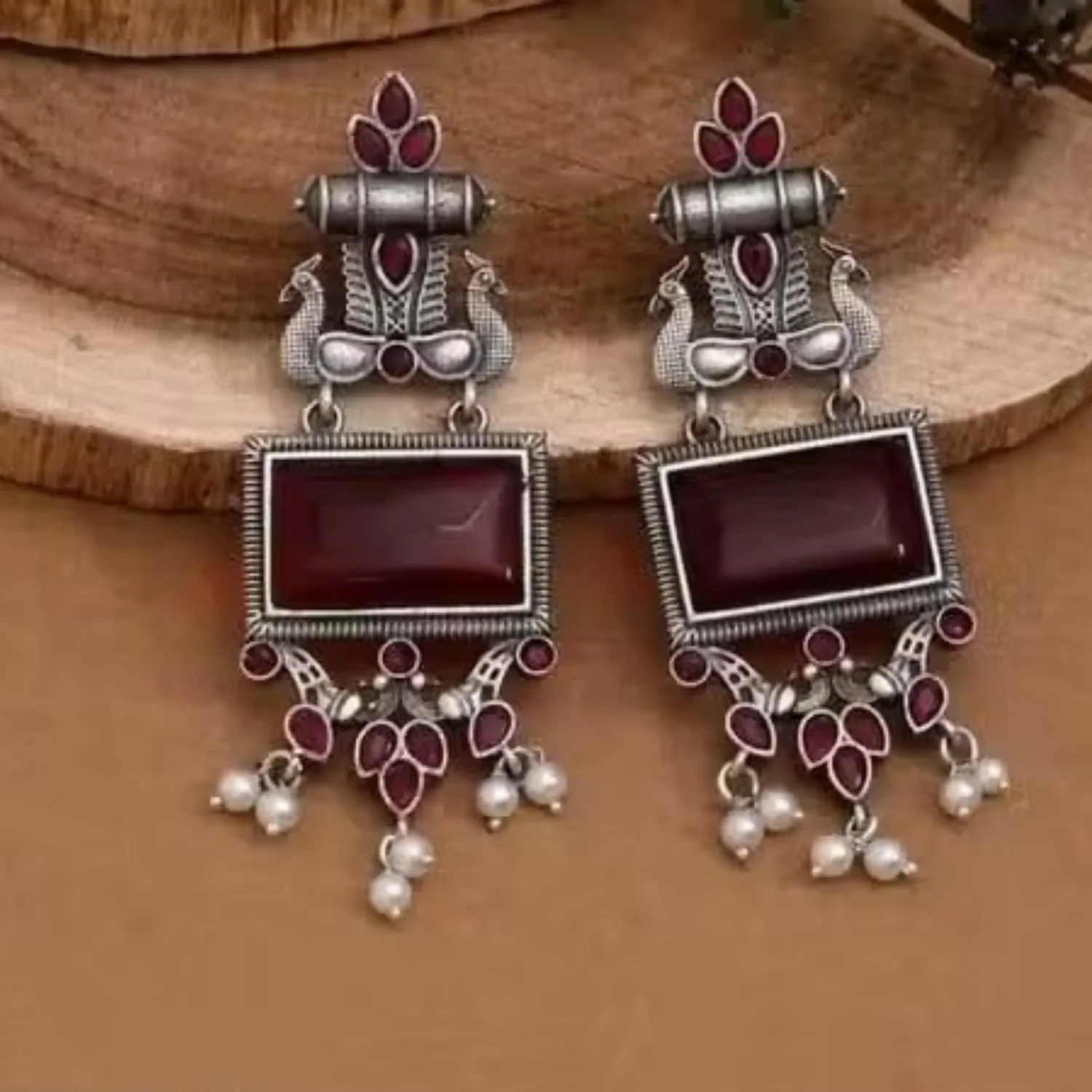 Oxidized Silver Earrings – Traditional Maroon Stone Pearl Drops - Image 2