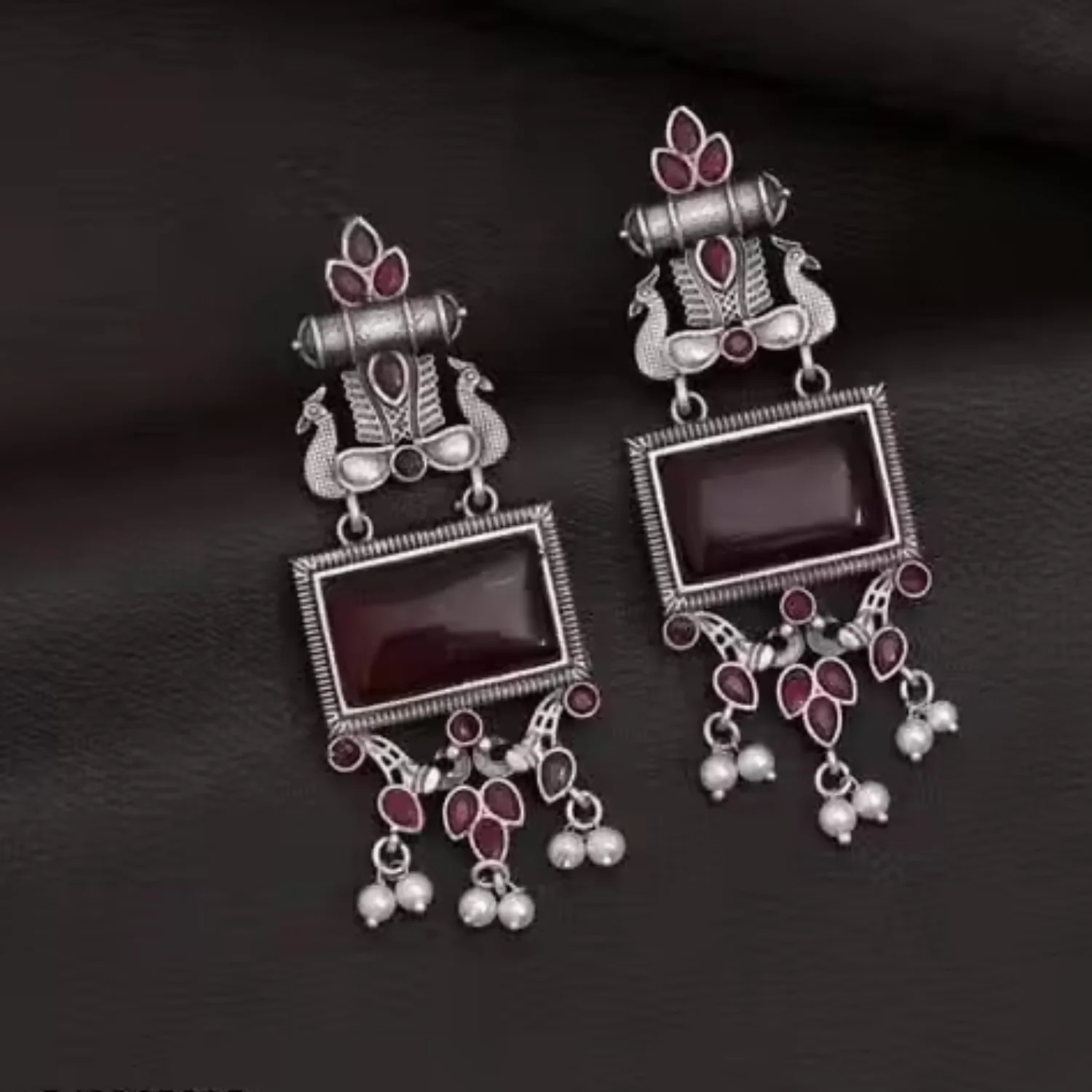 Oxidized Silver Earrings – Traditional Maroon Stone Pearl Drops - Image 3