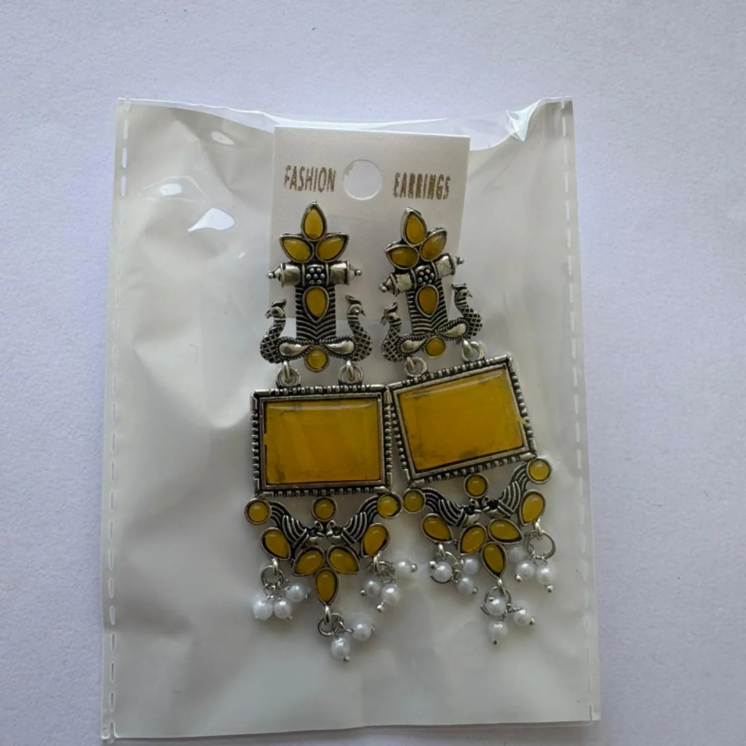 Oxidized Silver Yellow Stone Pearl Earrings – Traditional Elegance - Image 5